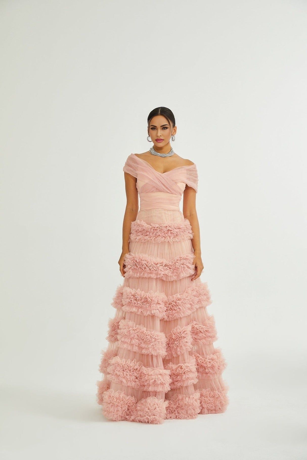 Fabiola Maxi Dress - Off the Shoulder - Tiered Design - Tulle Panels - Rear Zip - Floor - Length