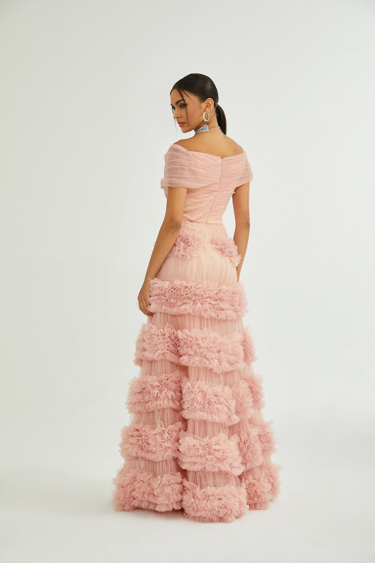 Fabiola Maxi Dress - Off the Shoulder - Tiered Design - Tulle Panels - Rear Zip - Floor - Length