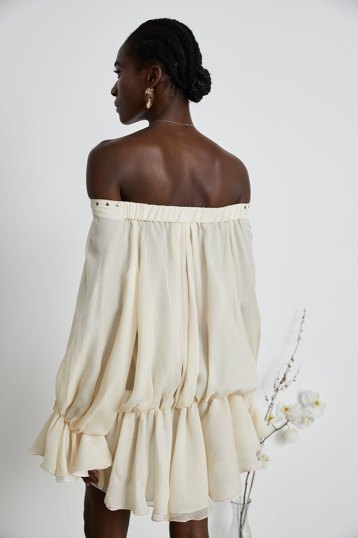 Fabiola Mini Dress - Off the Shoulder - Double Layered - Front Tie Fastening - Lace - Up Detail - Flared Hem