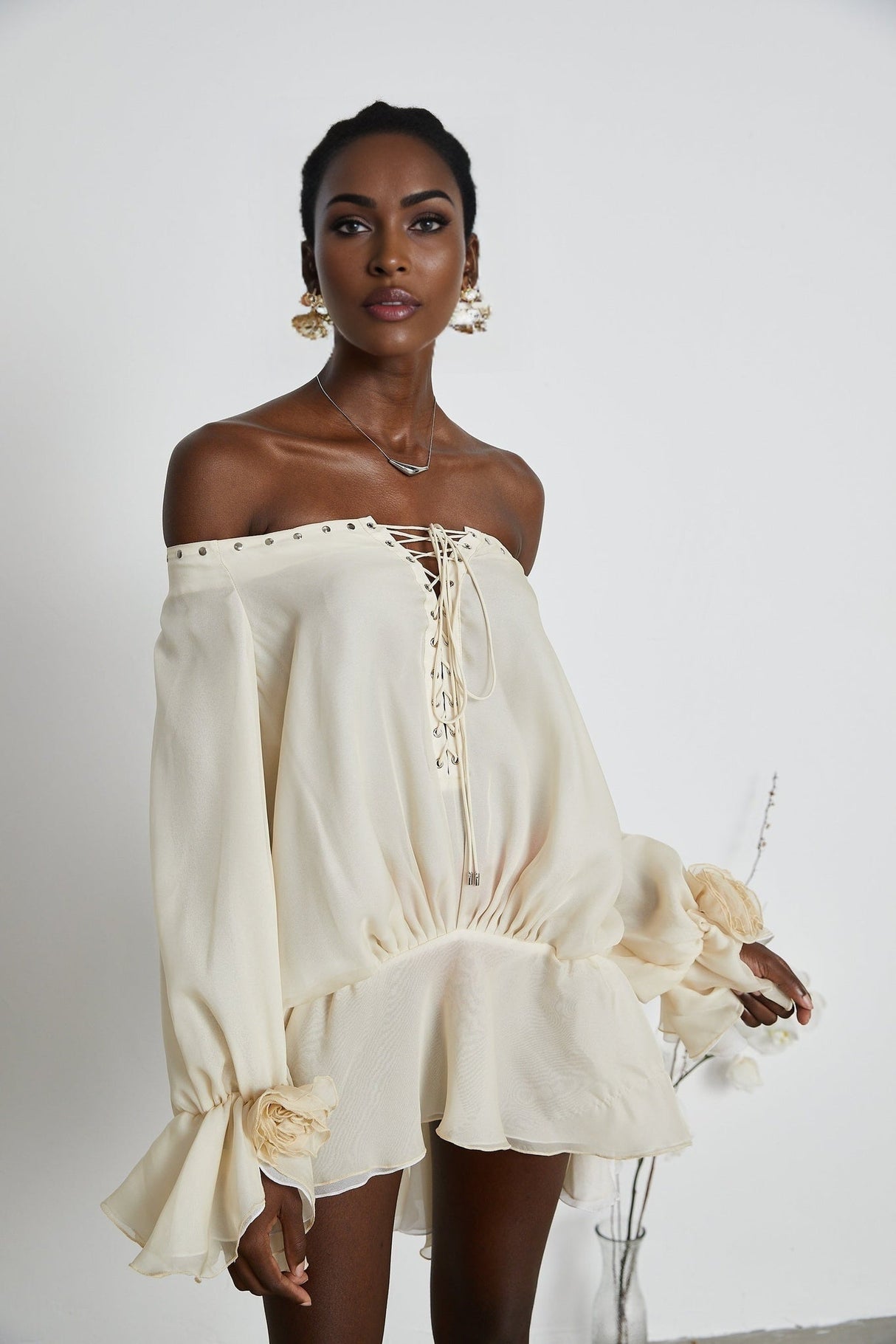 Fabiola Mini Dress - Off the Shoulder - Double Layered - Front Tie Fastening - Lace - Up Detail - Flared Hem