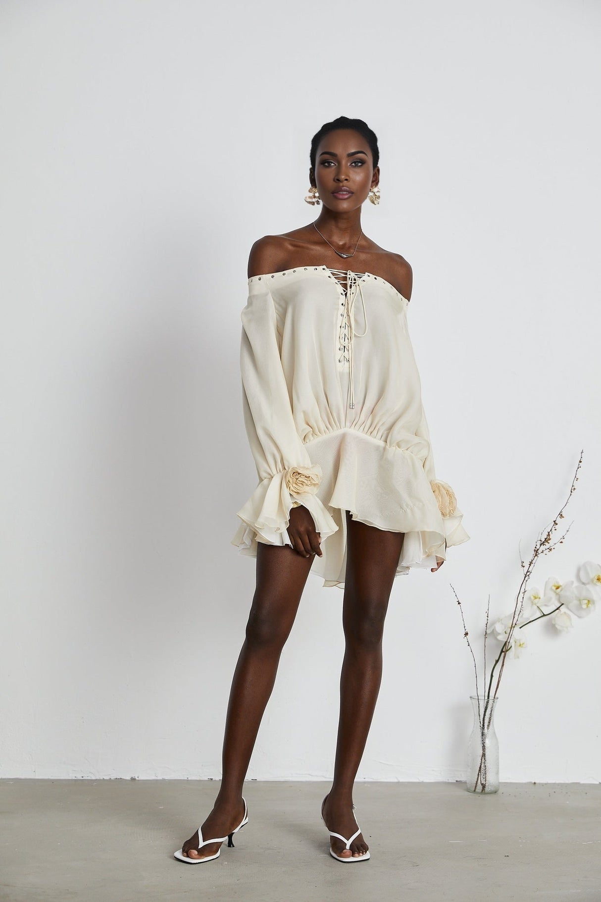 Fabiola Mini Dress - Off the Shoulder - Double Layered - Front Tie Fastening - Lace - Up Detail - Flared Hem
