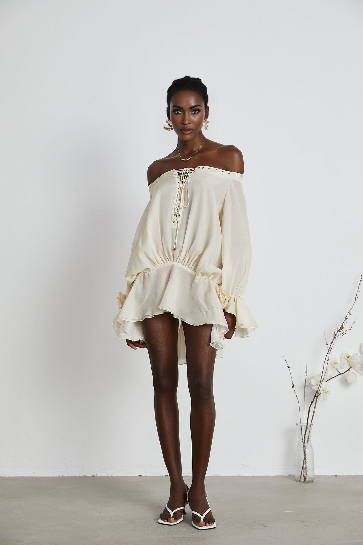 Fabiola Mini Dress - Off the Shoulder - Double Layered - Front Tie Fastening - Lace - Up Detail - Flared Hem