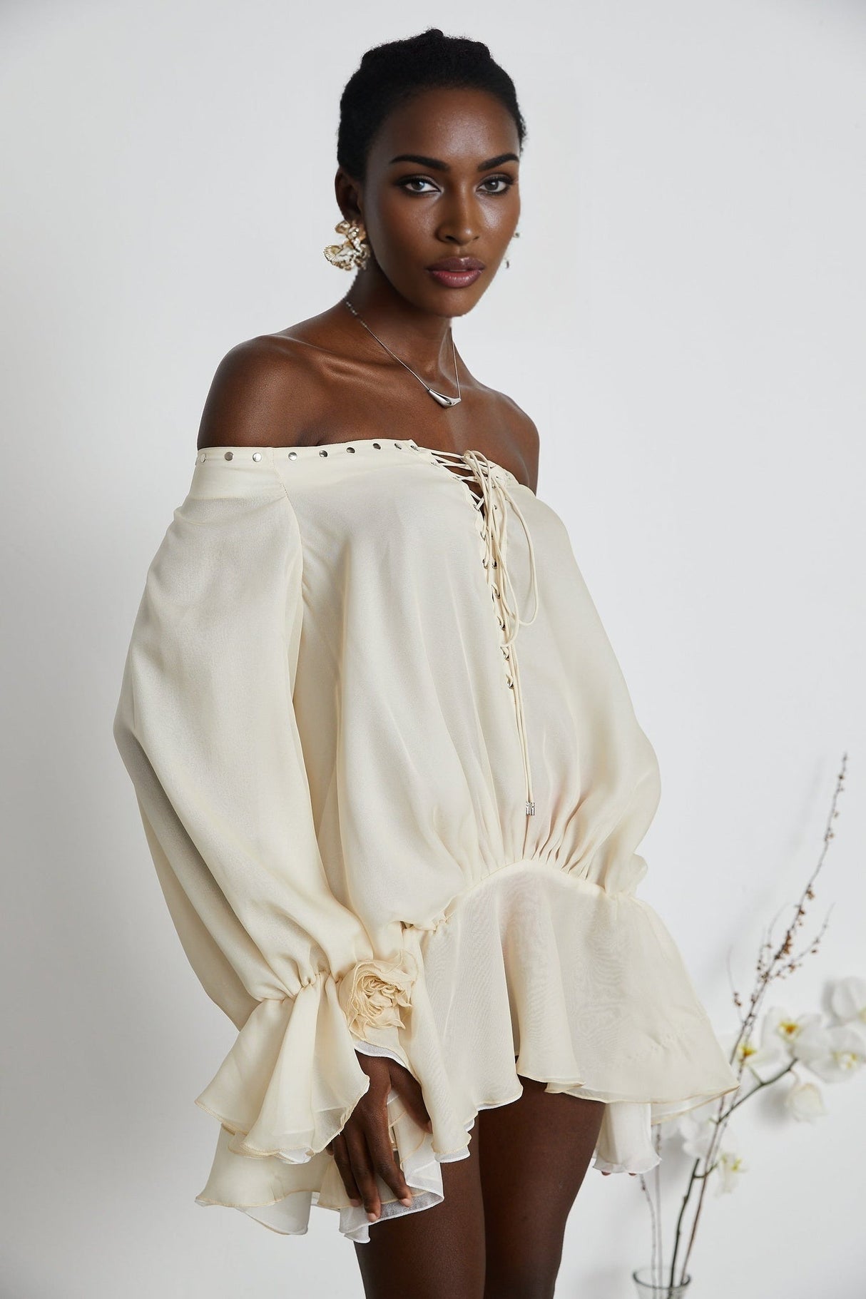 Fabiola Mini Dress - Off the Shoulder - Double Layered - Front Tie Fastening - Lace - Up Detail - Flared Hem