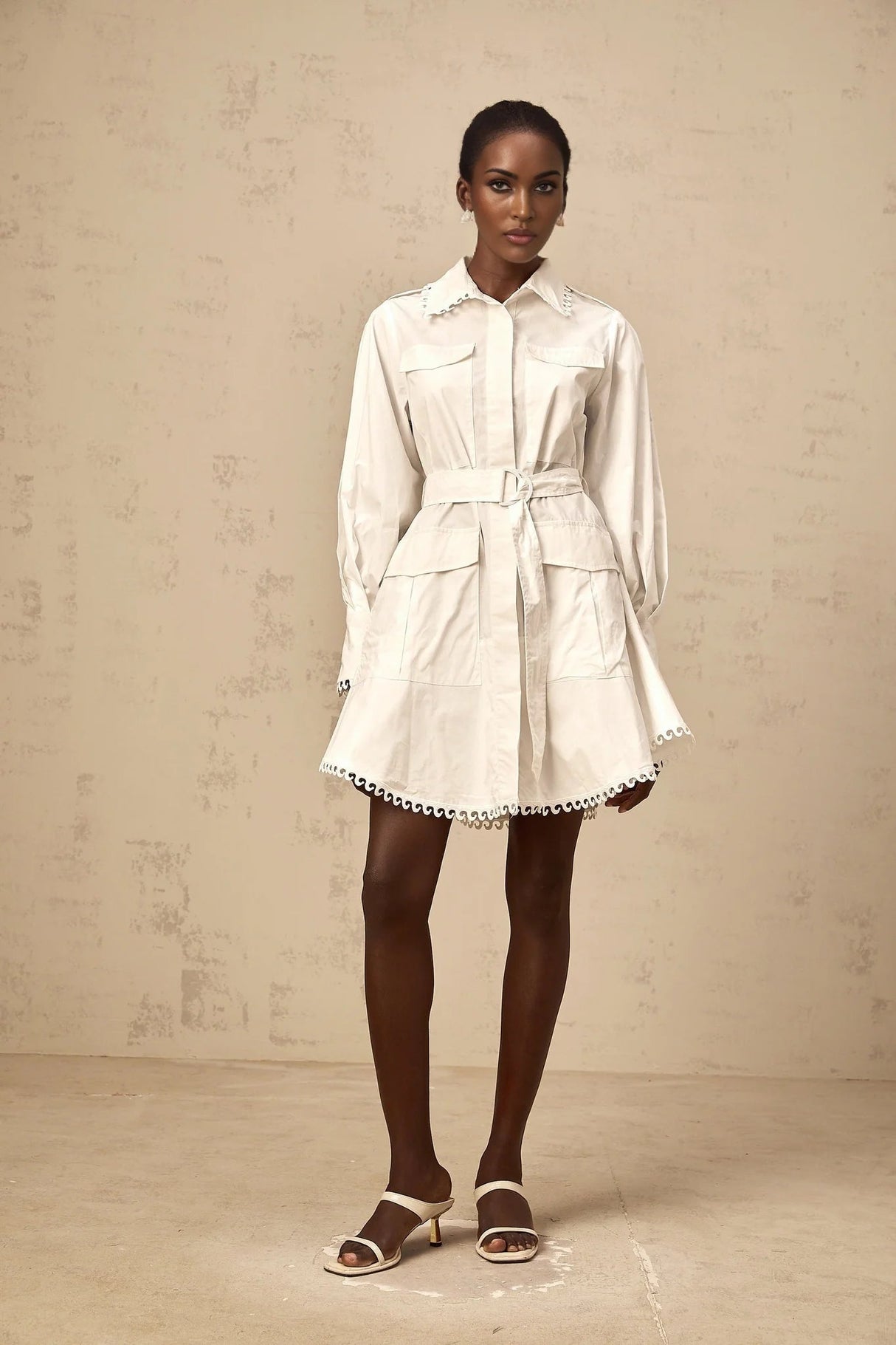 Fabiola Mini Dress White Belted Lapels Gigot Sleeves & Pockets
