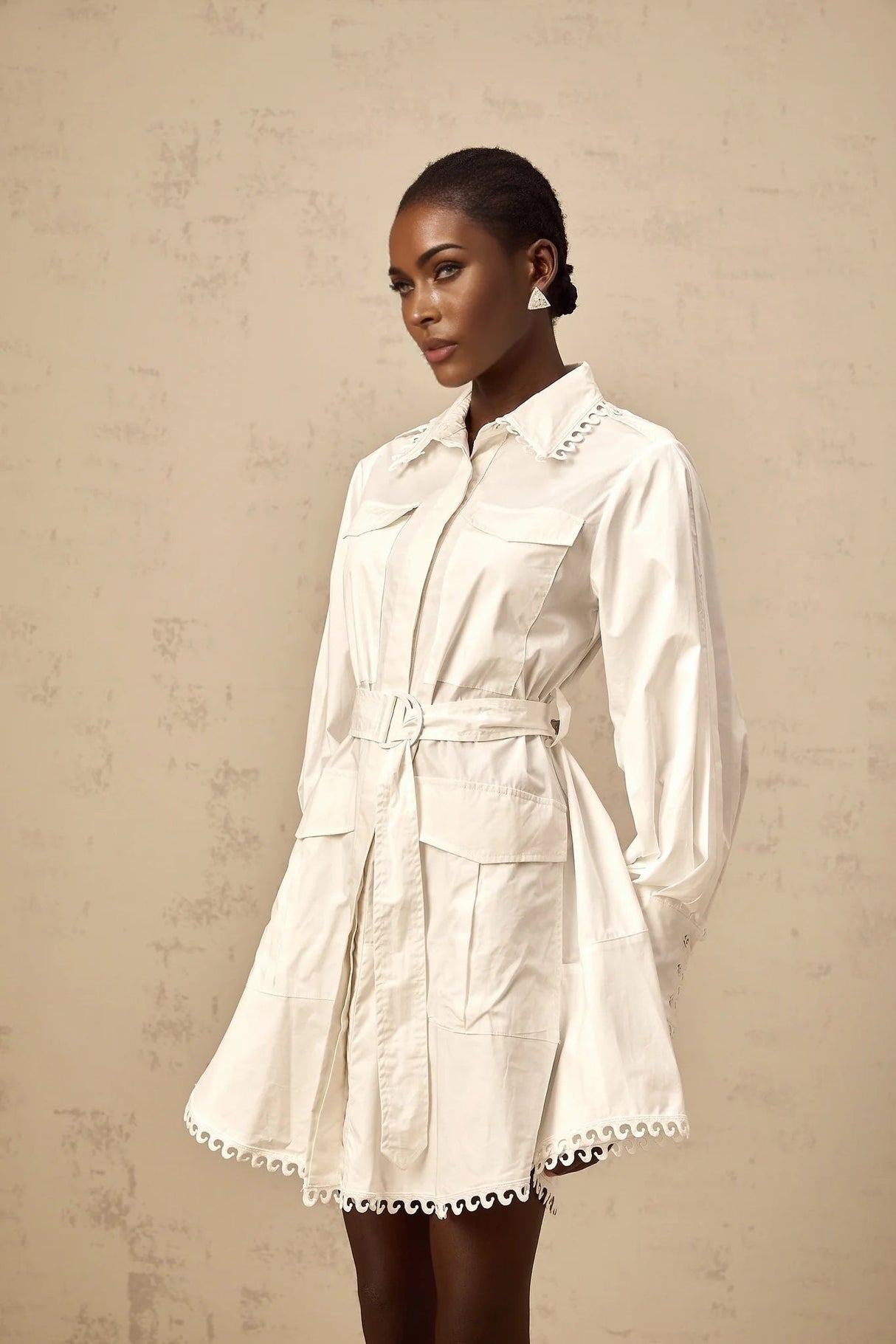 Fabiola Mini Dress White Belted Lapels Gigot Sleeves & Pockets