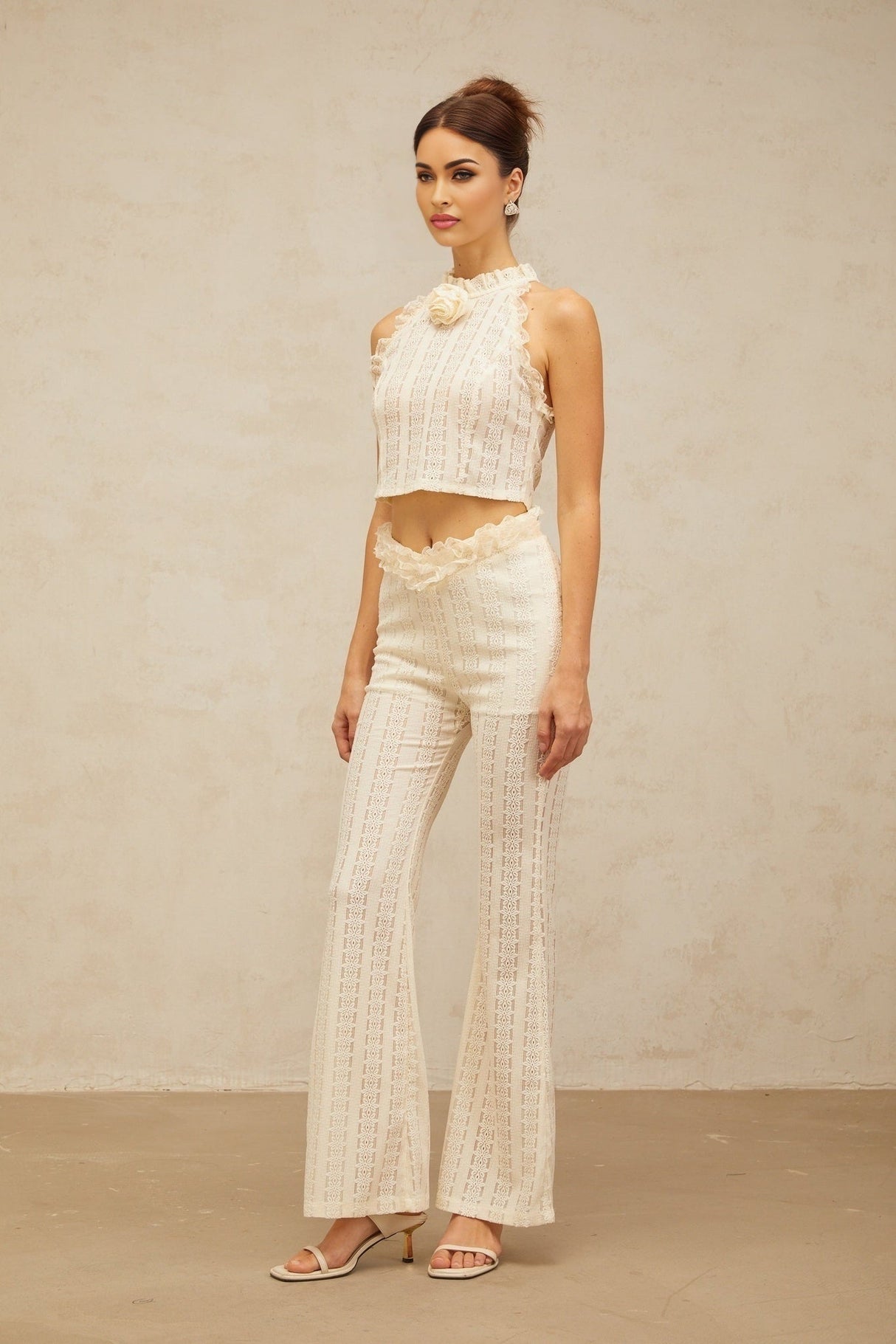 Fabiola Top & Trousers - Frilled Neck - Sleeveless - Jacquard Weave - Ruffled - Lace Trim