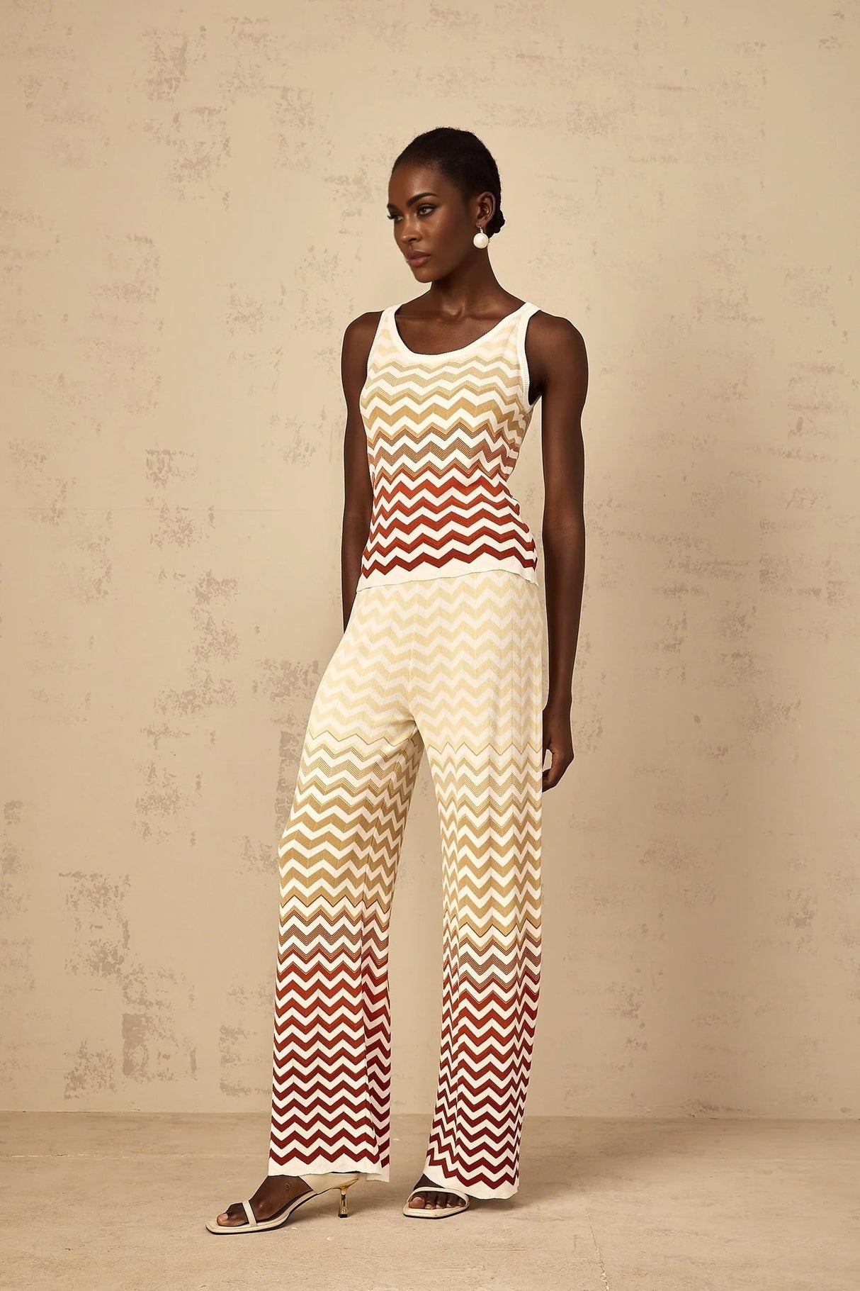 Fabiola Top & Trousers Set with Chevron Knit Design in Yellow
