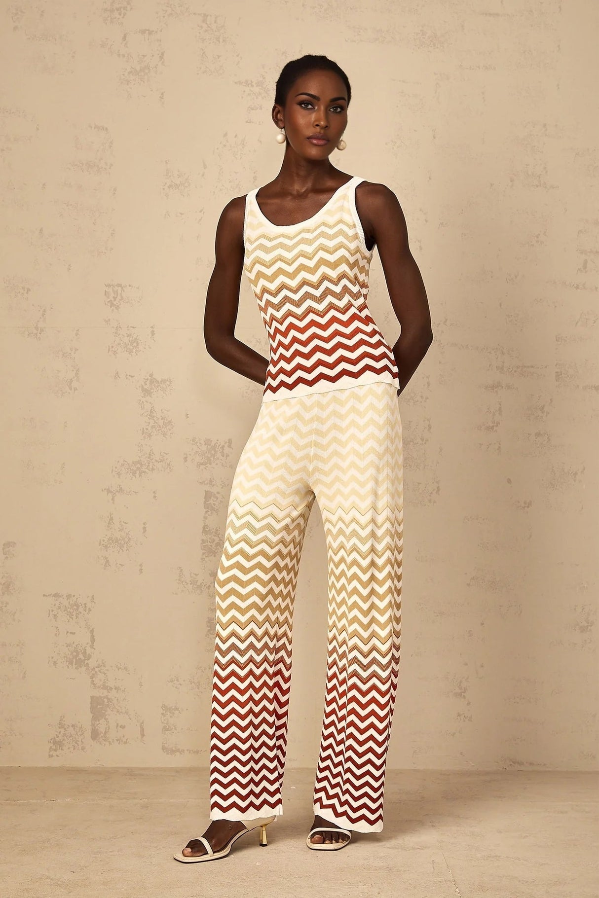 Fabiola Top & Trousers Set with Chevron Knit Design in Yellow