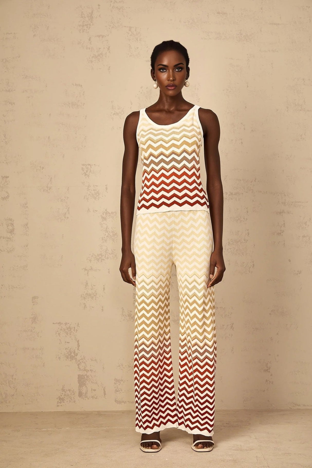 Fabiola Top & Trousers Set with Chevron Knit Design in Yellow