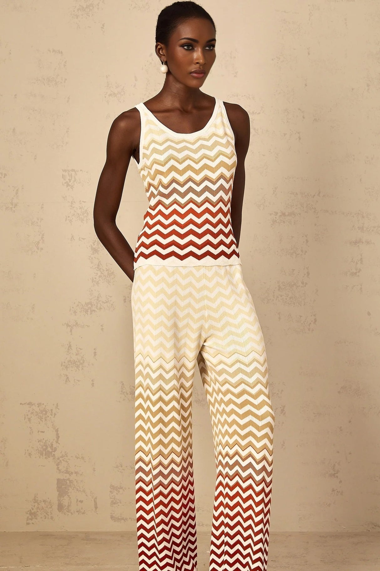 Fabiola Top & Trousers Set with Chevron Knit Design in Yellow