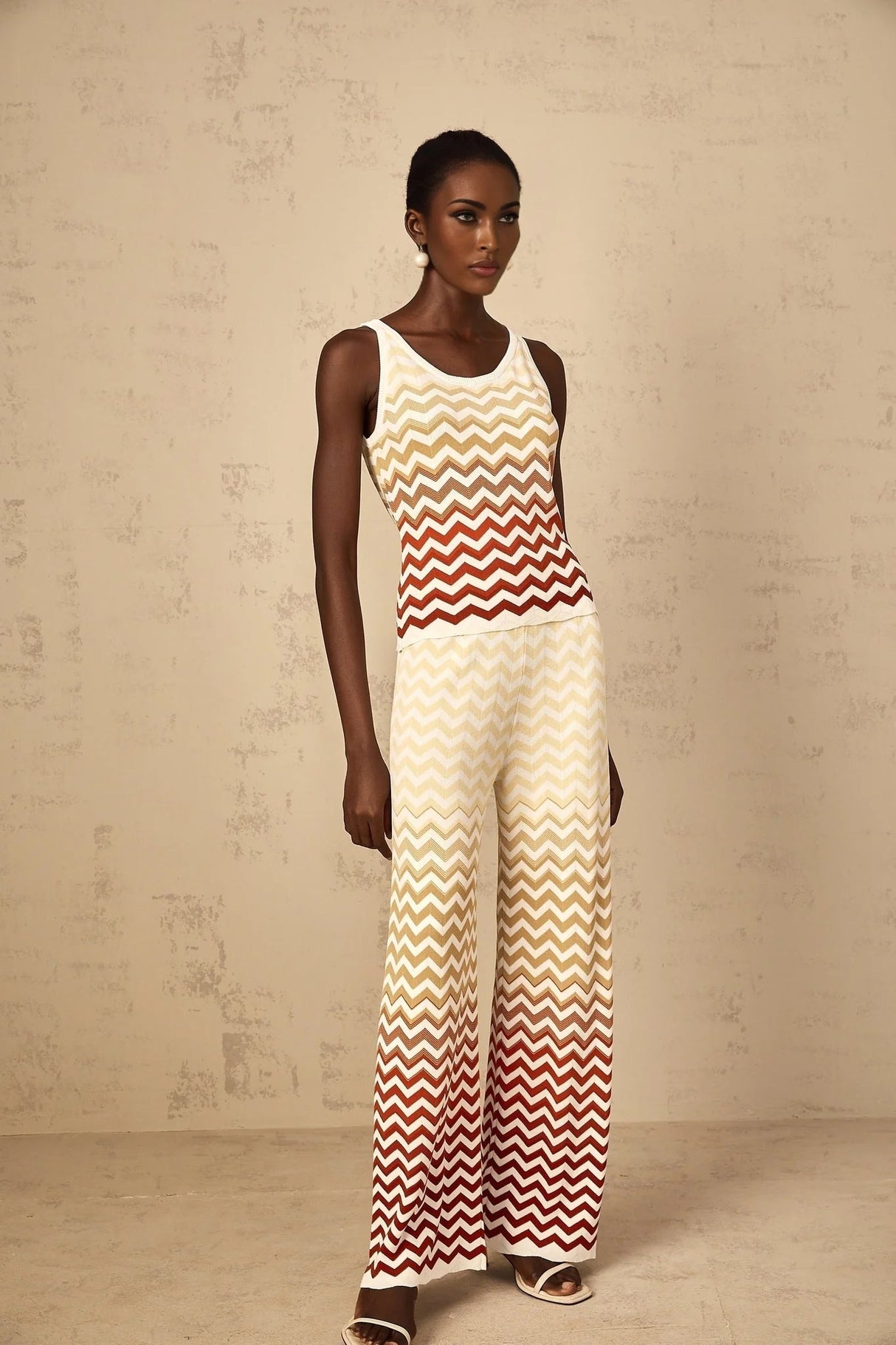Fabiola Top & Trousers Set with Chevron Knit Design in Yellow