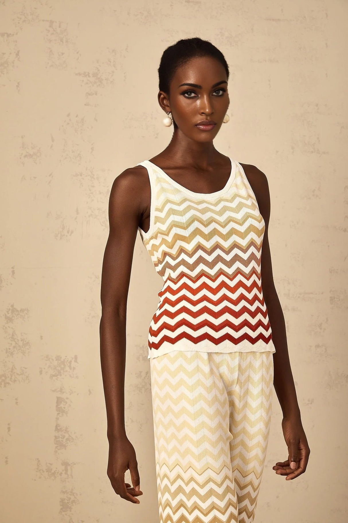 Fabiola Top & Trousers Set with Chevron Knit Design in Yellow