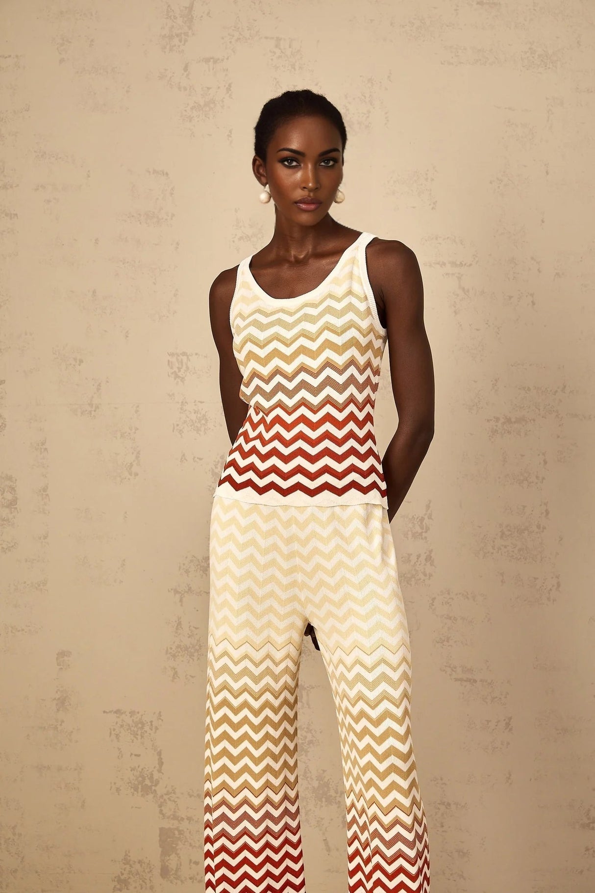 Fabiola Top & Trousers Set with Chevron Knit Design in Yellow