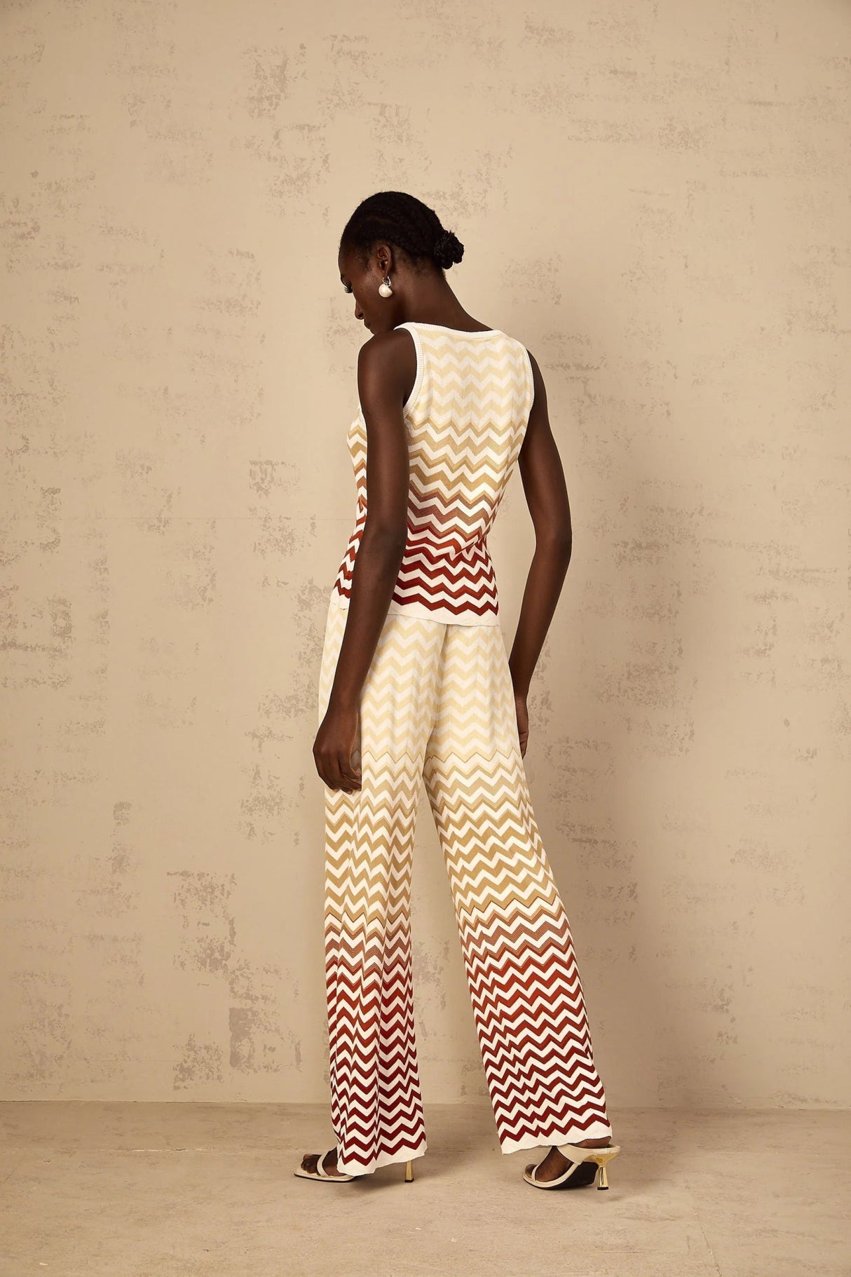Fabiola Top & Trousers Set with Chevron Knit Design in Yellow