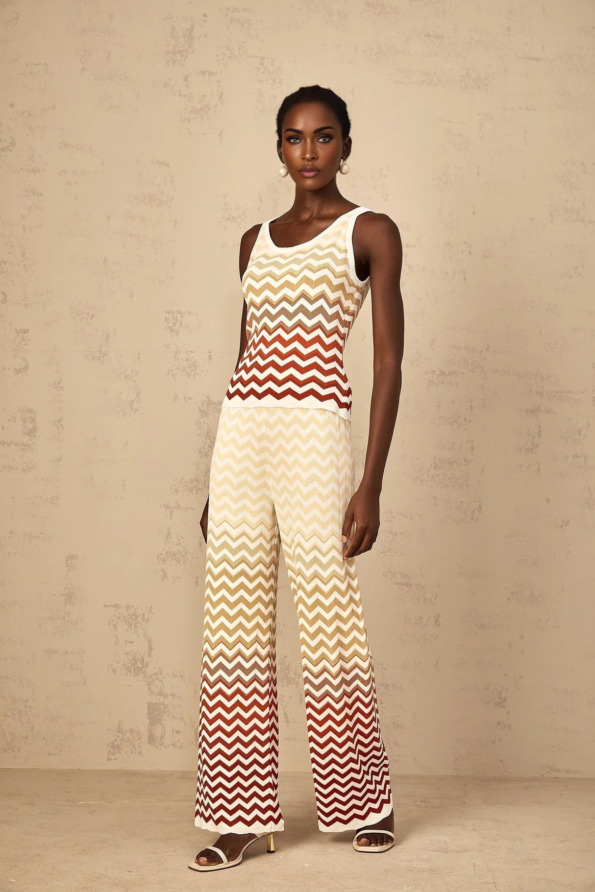 Fabiola Top & Trousers Set with Chevron Knit Design in Yellow