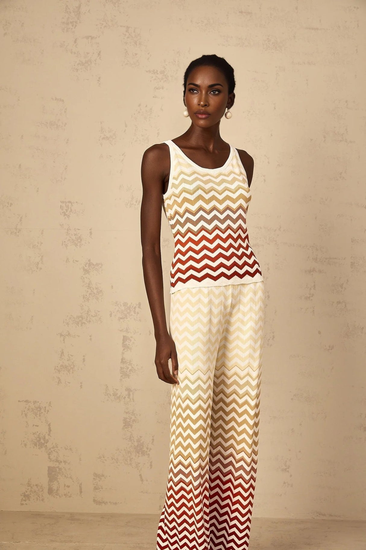 Fabiola Top & Trousers Set with Chevron Knit Design in Yellow