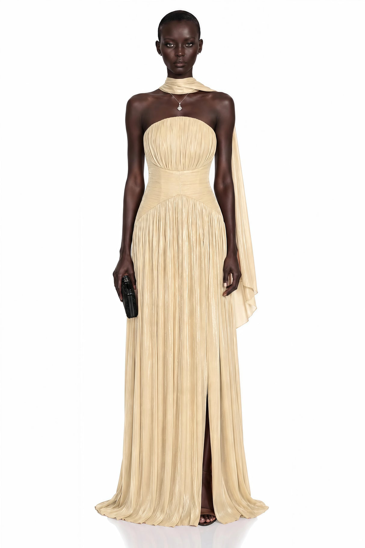 Fadime Champagne Cross Front Ruched Maxi Dress with Cape