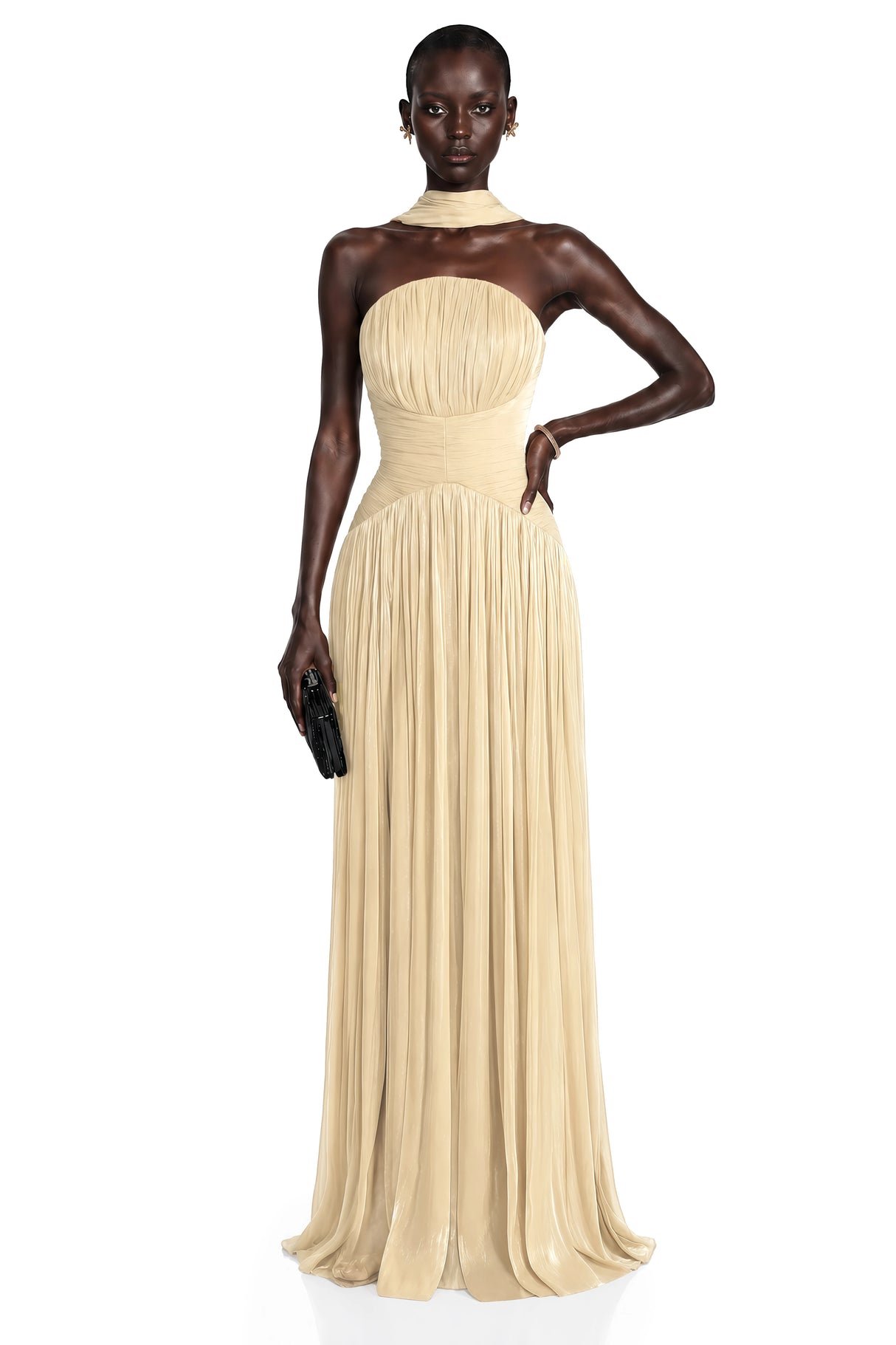Fadime Champagne Cross Front Ruched Maxi Dress with Cape