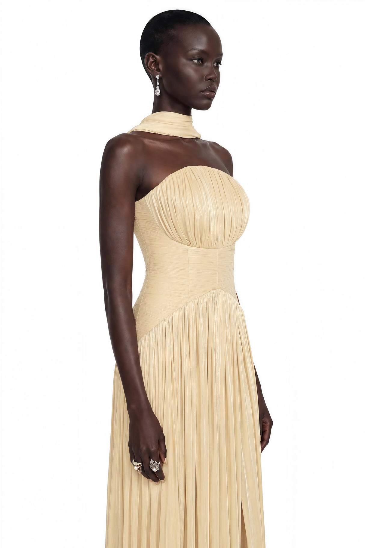 Fadime Champagne Cross Front Ruched Maxi Dress with Cape
