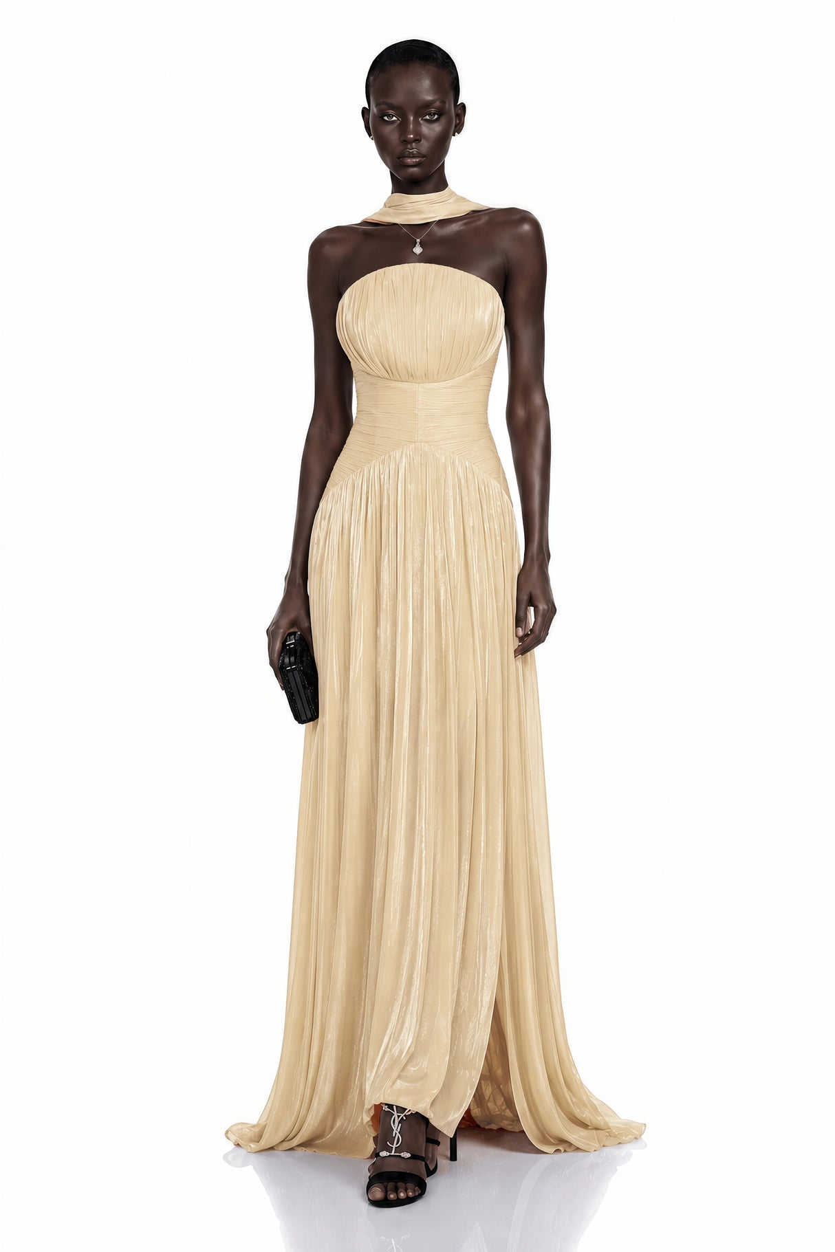 Fadime Champagne Cross Front Ruched Maxi Dress with Cape