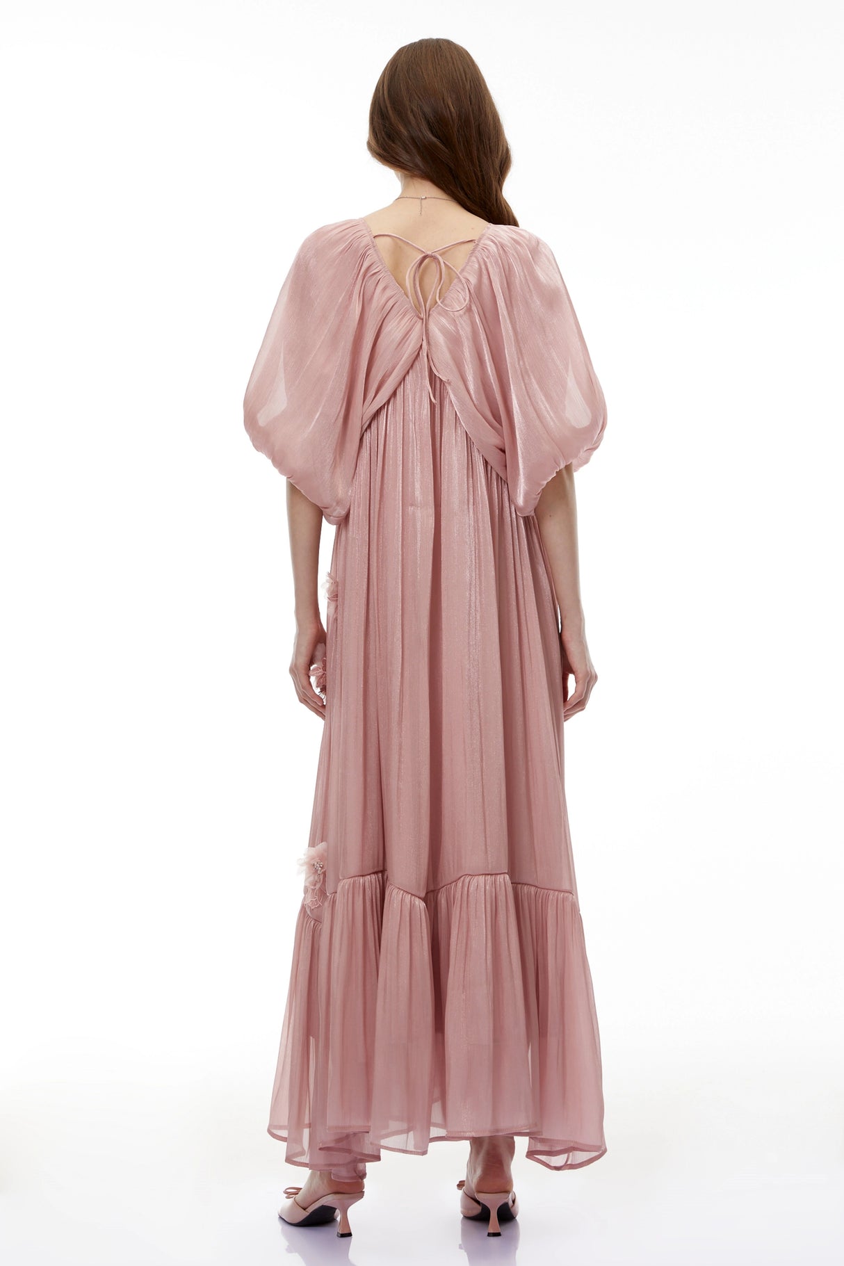 Faina Pink Ruched Maxi Dress with 3D Florals