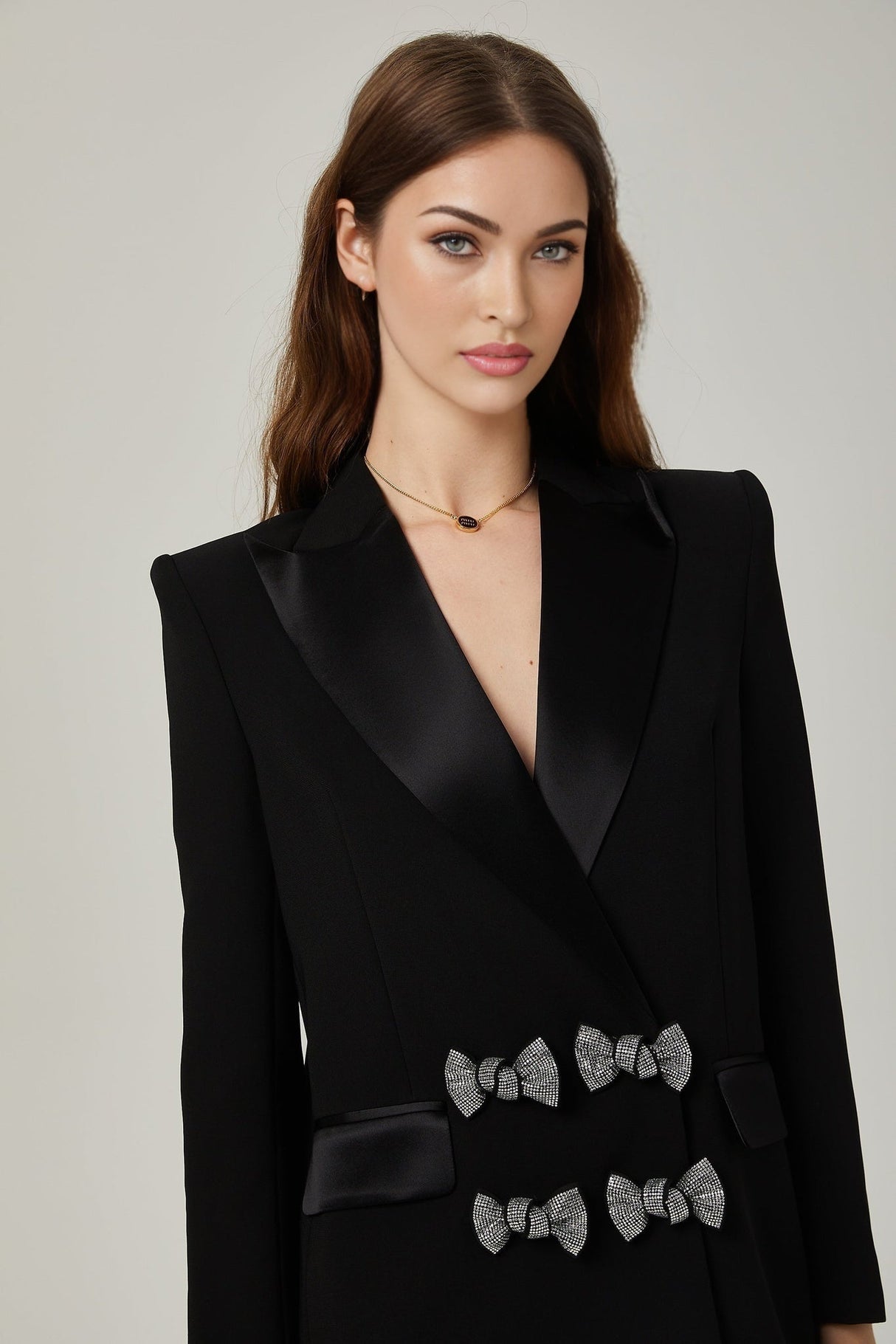 Faith Blazer - Long Sleeves - Peak Lapels - Shoulder Pads - Crystal - Embellished Bow Detail
