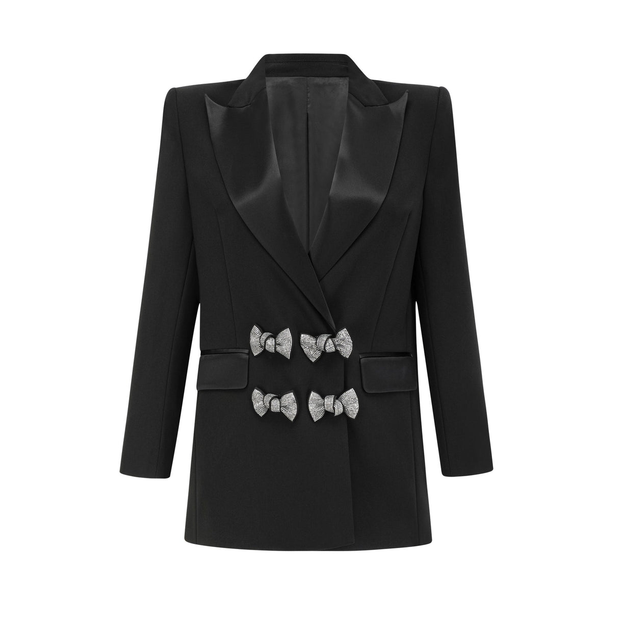 Faith Blazer - Long Sleeves - Peak Lapels - Shoulder Pads - Crystal - Embellished Bow Detail