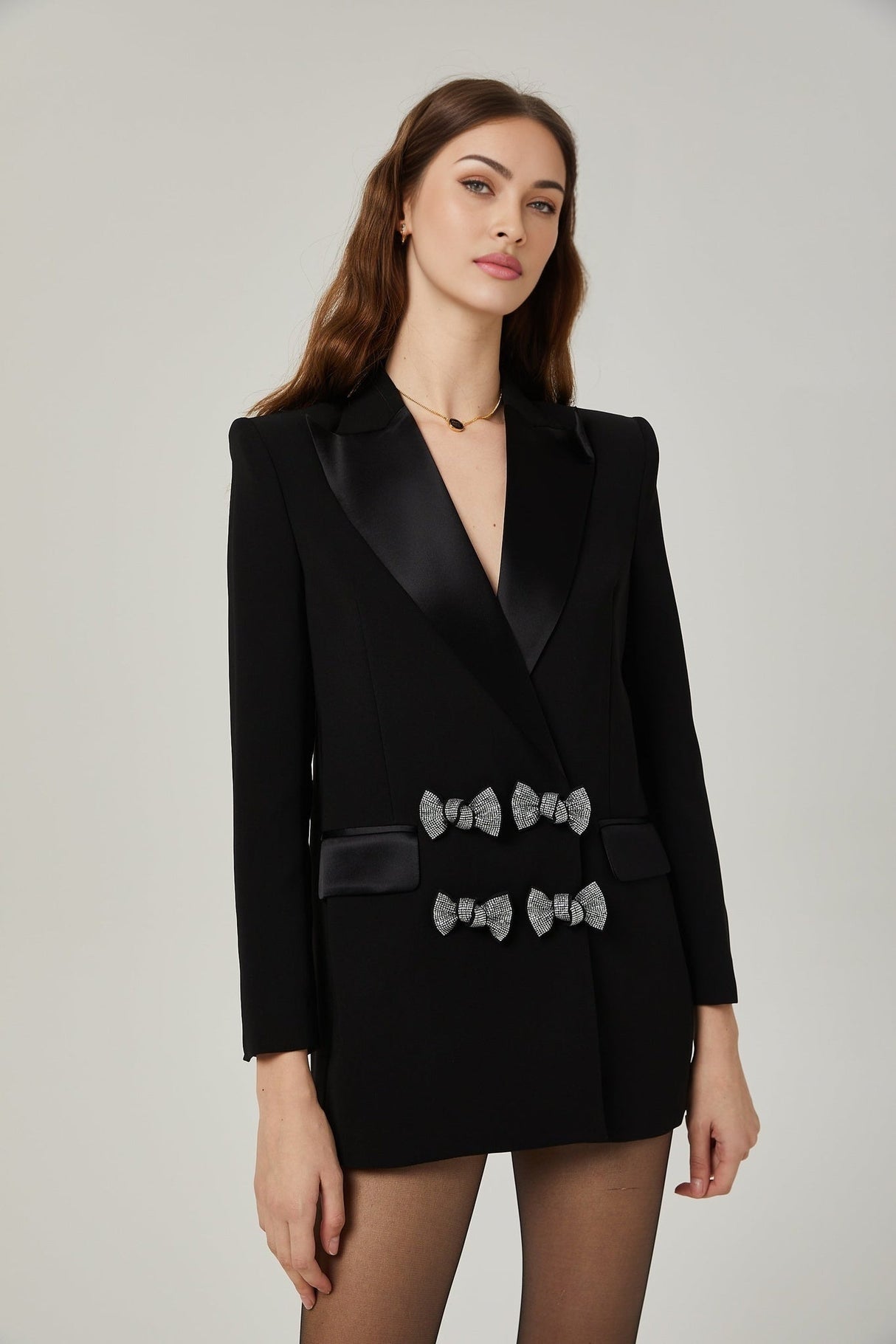 Faith Blazer - Long Sleeves - Peak Lapels - Shoulder Pads - Crystal - Embellished Bow Detail