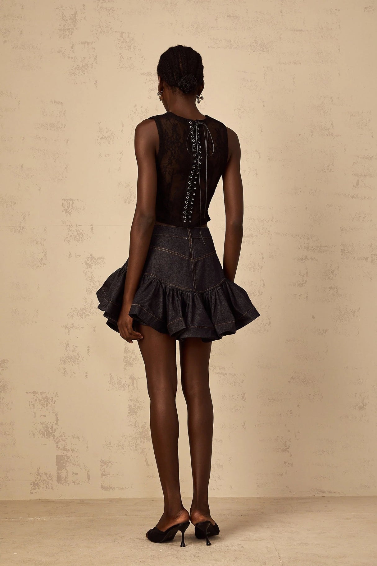 Faith Cropped Top Black Lace V - neck & Lace - up Detail