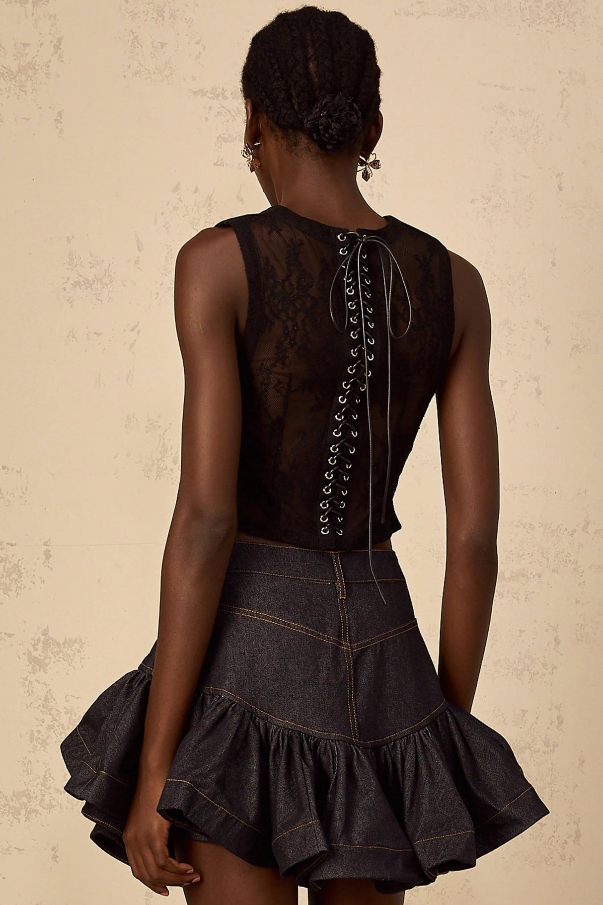 Faith Cropped Top Black Lace V - neck & Lace - up Detail