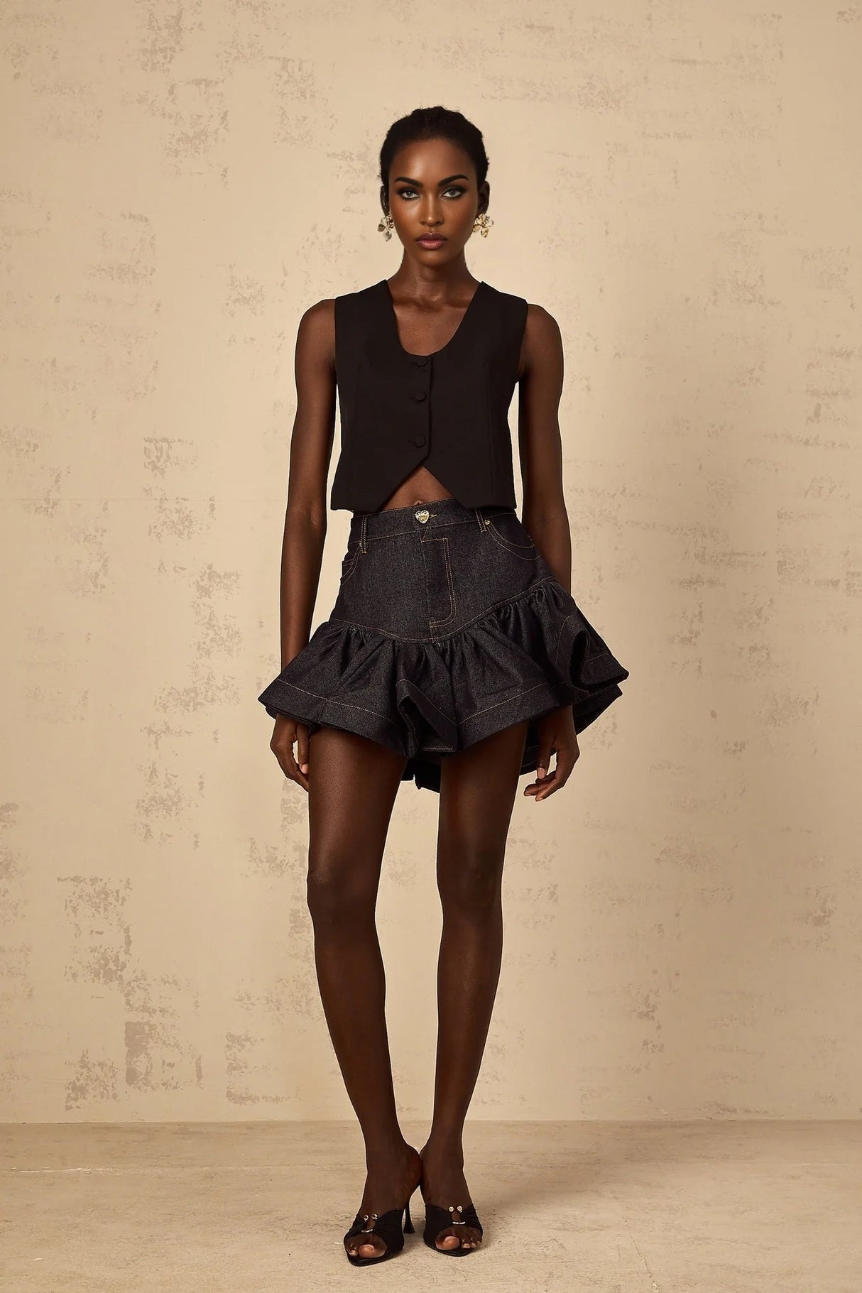 Faith Cropped Top Black Lace V - neck & Lace - up Detail