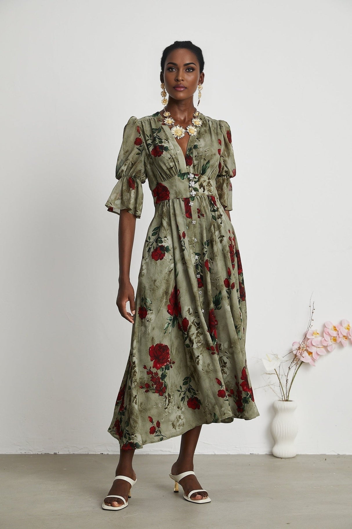 Faith Floral Midi Dress - V - Neck Design - Short Sleeve - Pleated Detailing - Front Button Closure