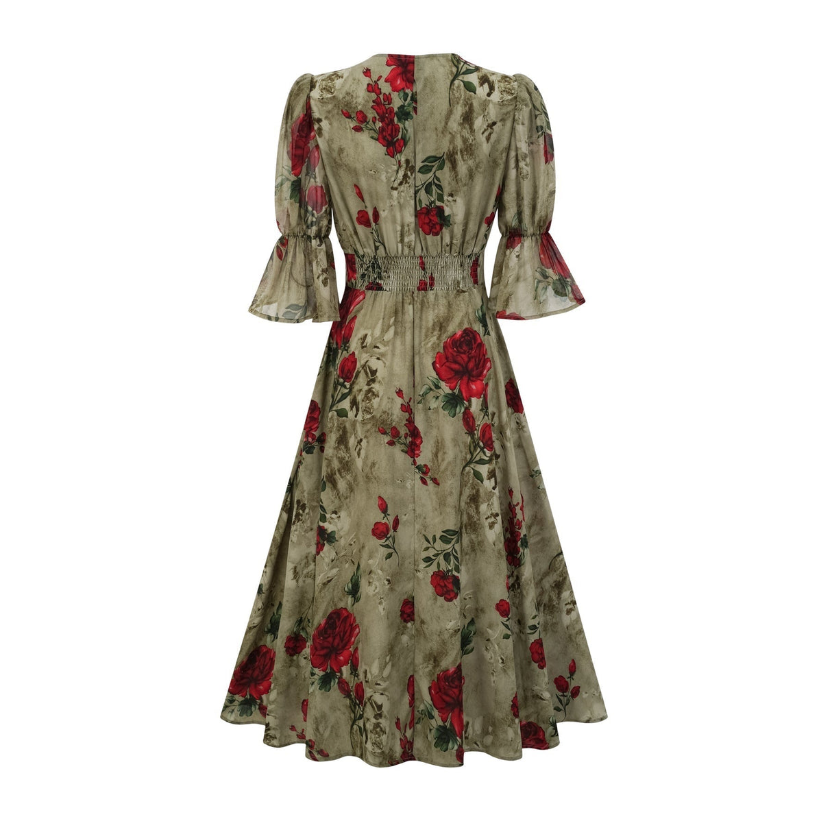 Faith Floral Midi Dress - V - Neck Design - Short Sleeve - Pleated Detailing - Front Button Closure