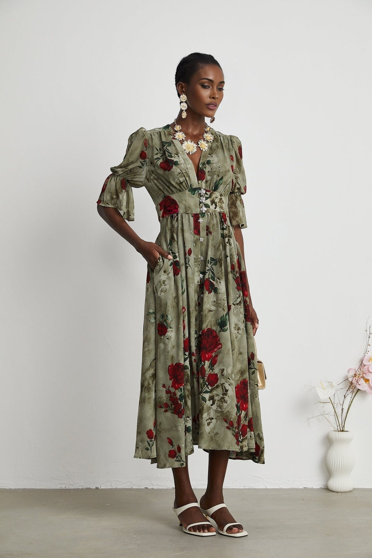 Faith Floral Midi Dress - V - Neck Design - Short Sleeve - Pleated Detailing - Front Button Closure