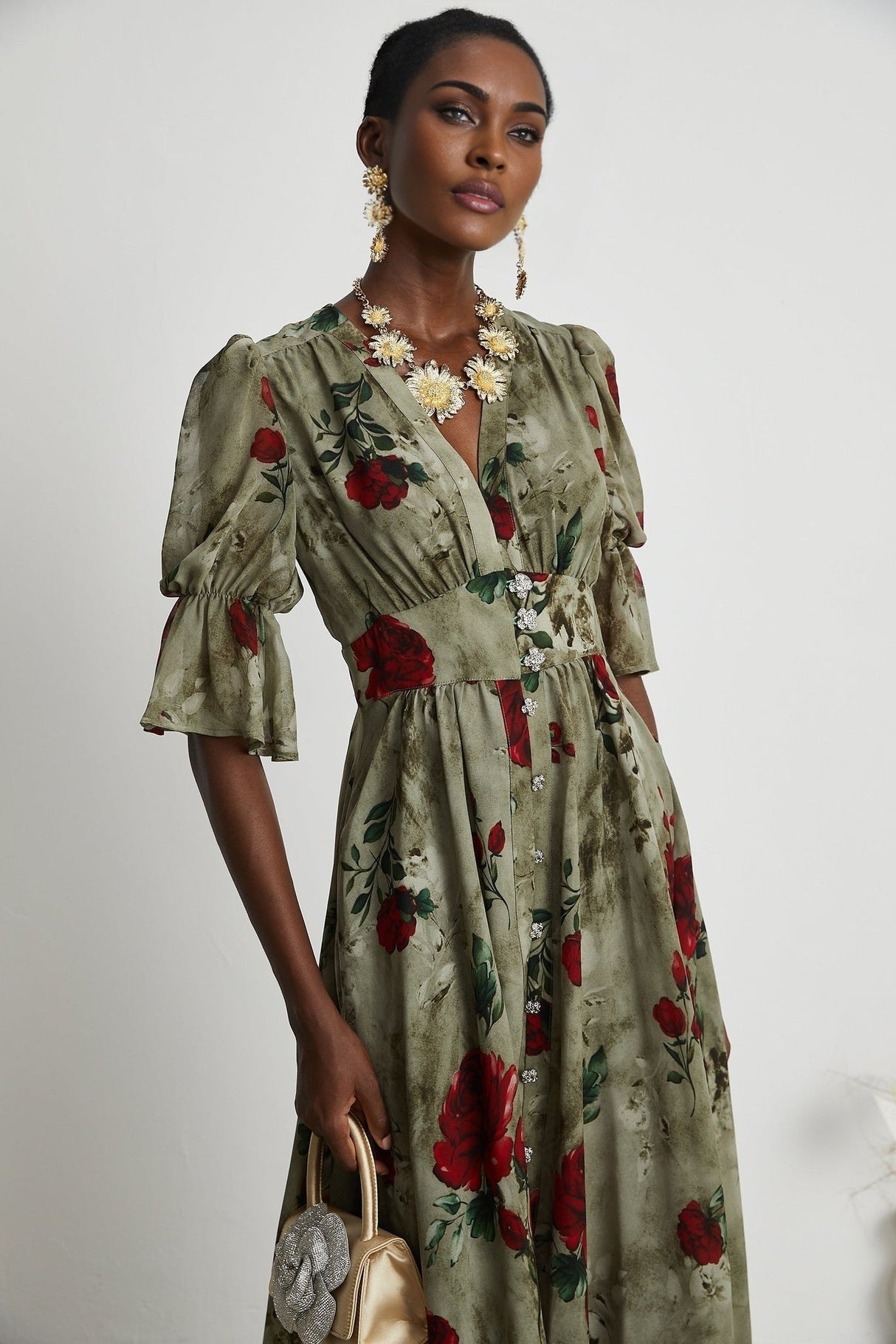 Faith Floral Midi Dress - V - Neck Design - Short Sleeve - Pleated Detailing - Front Button Closure