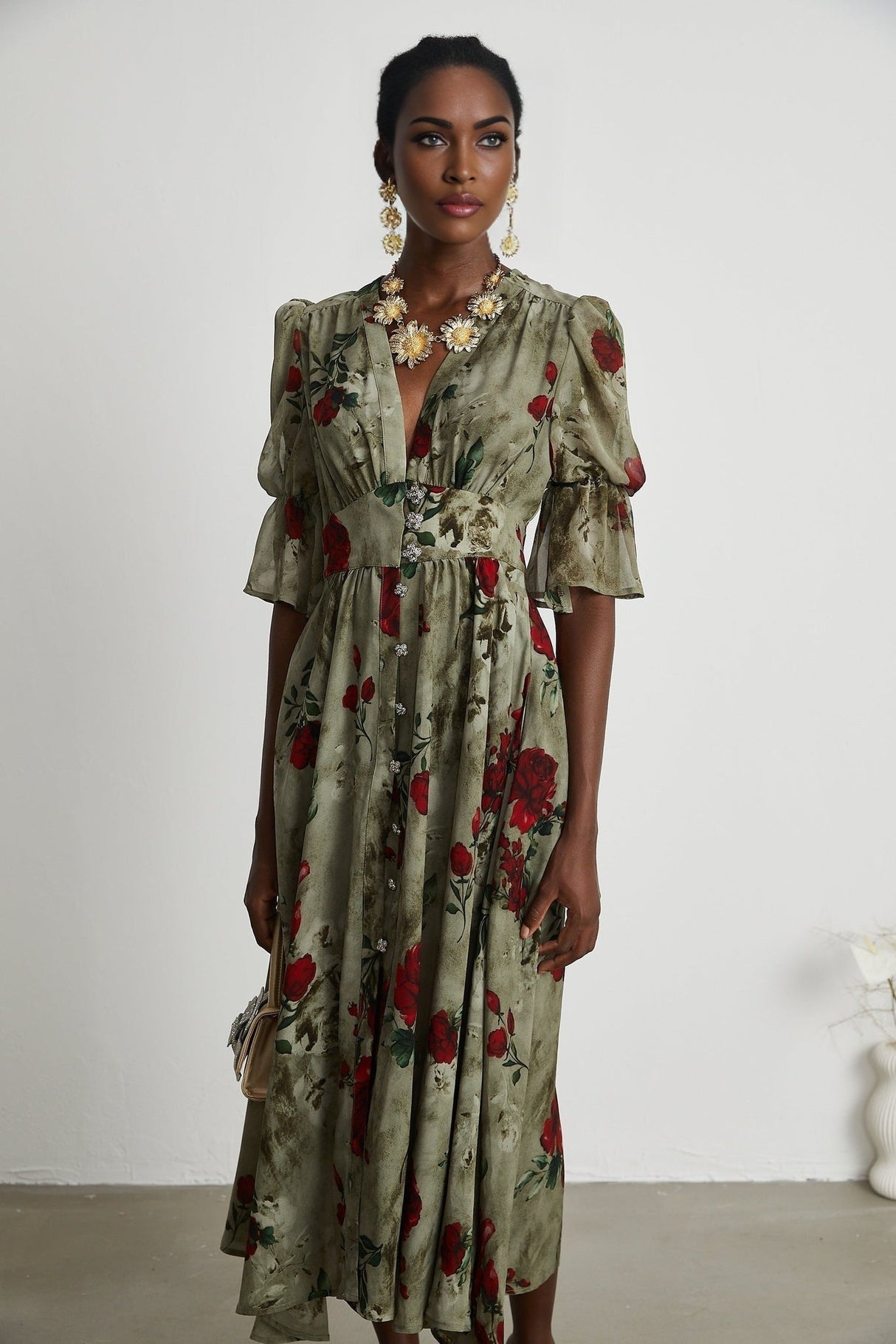 Faith Floral Midi Dress - V - Neck Design - Short Sleeve - Pleated Detailing - Front Button Closure