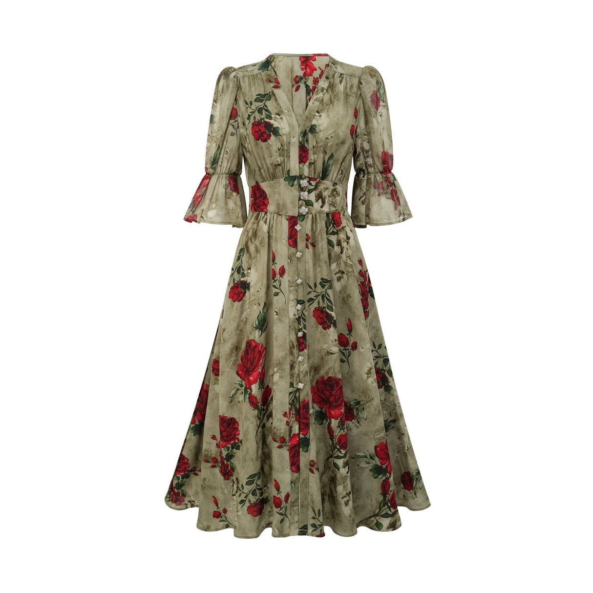 Faith Floral Midi Dress - V - Neck Design - Short Sleeve - Pleated Detailing - Front Button Closure