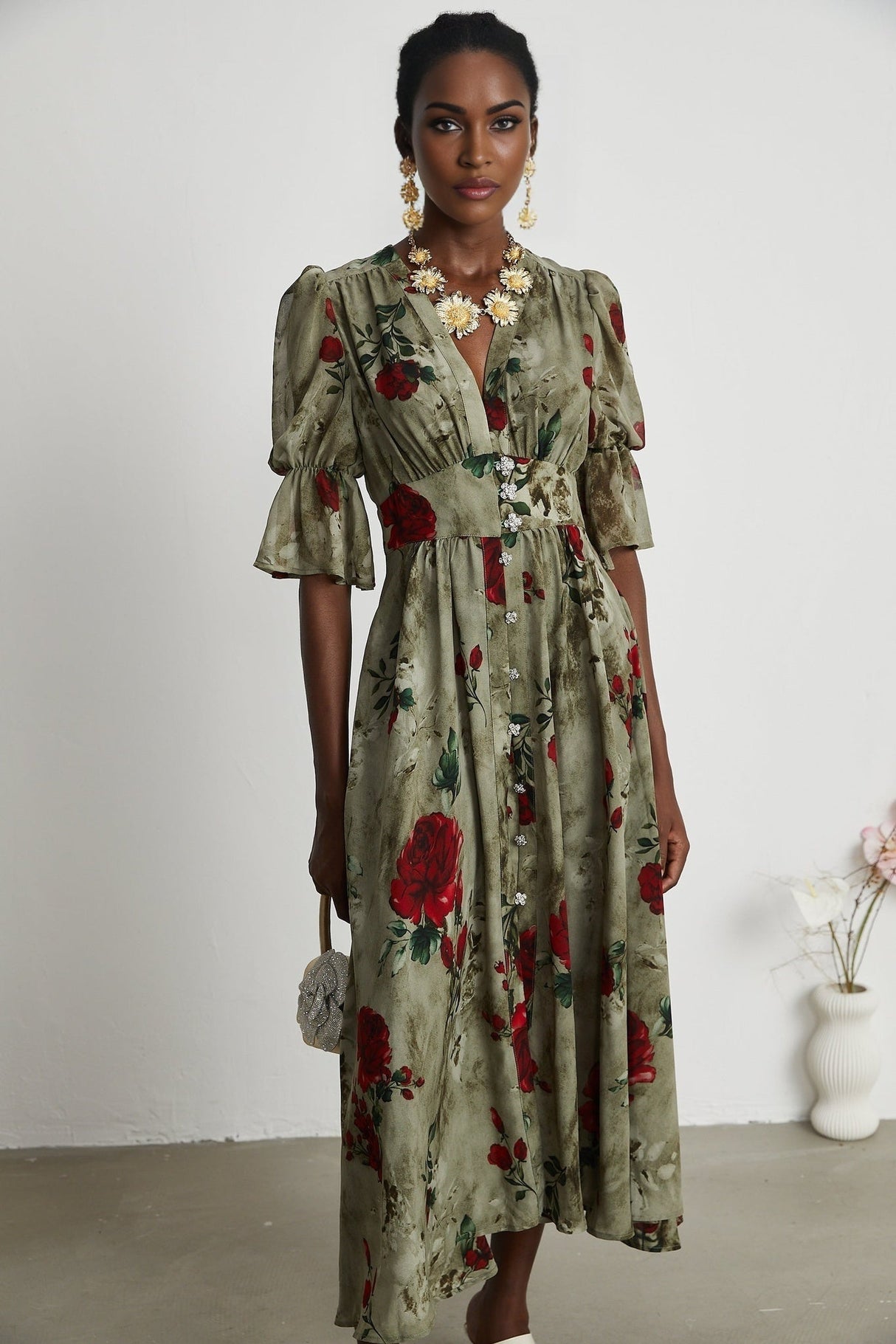 Faith Floral Midi Dress - V - Neck Design - Short Sleeve - Pleated Detailing - Front Button Closure