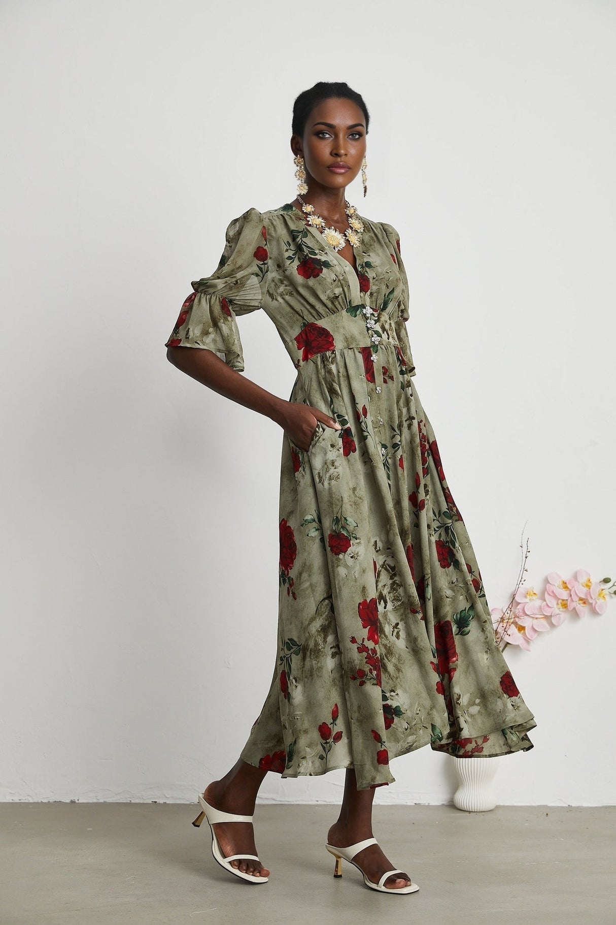 Faith Floral Midi Dress - V - Neck Design - Short Sleeve - Pleated Detailing - Front Button Closure