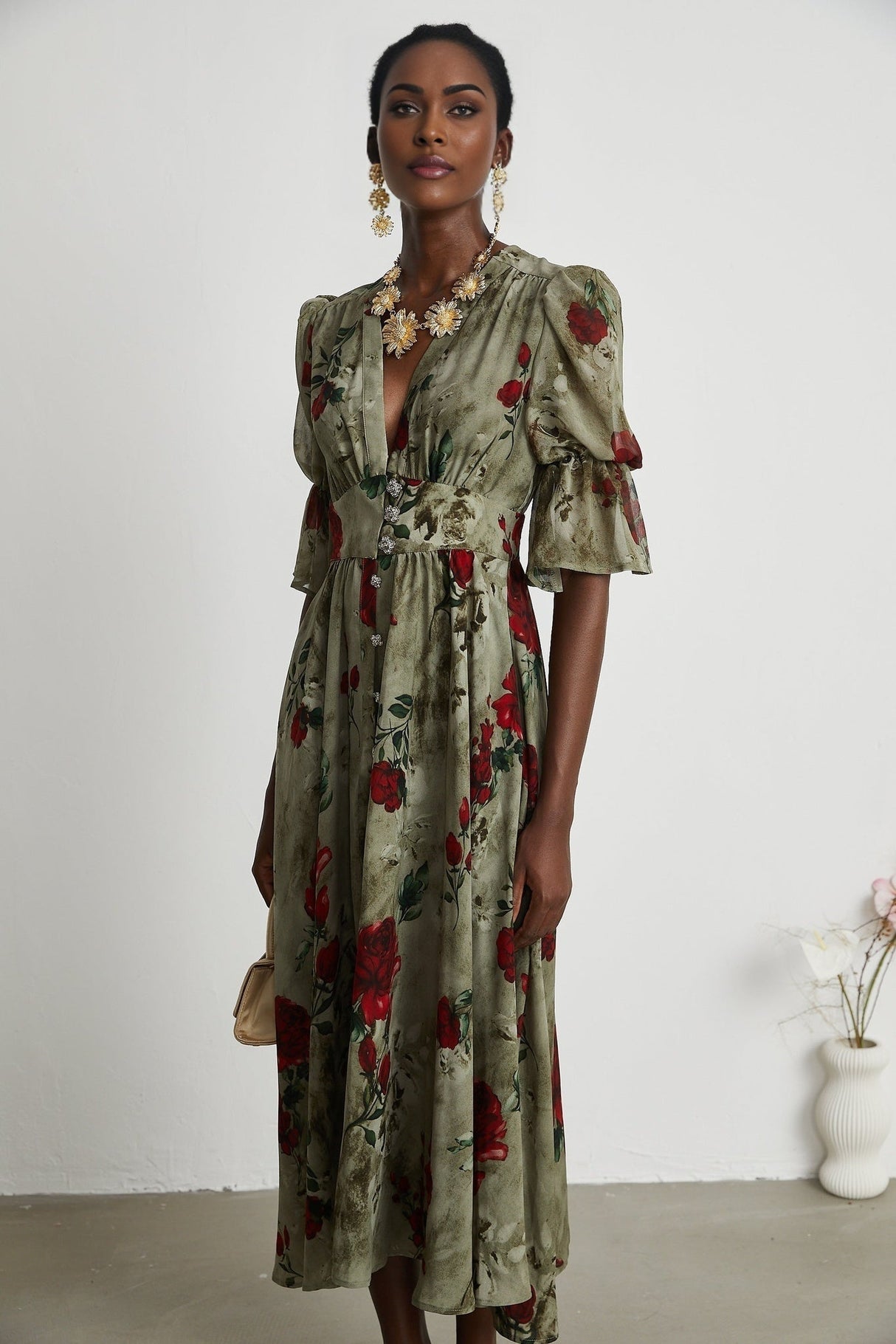 Faith Floral Midi Dress - V - Neck Design - Short Sleeve - Pleated Detailing - Front Button Closure