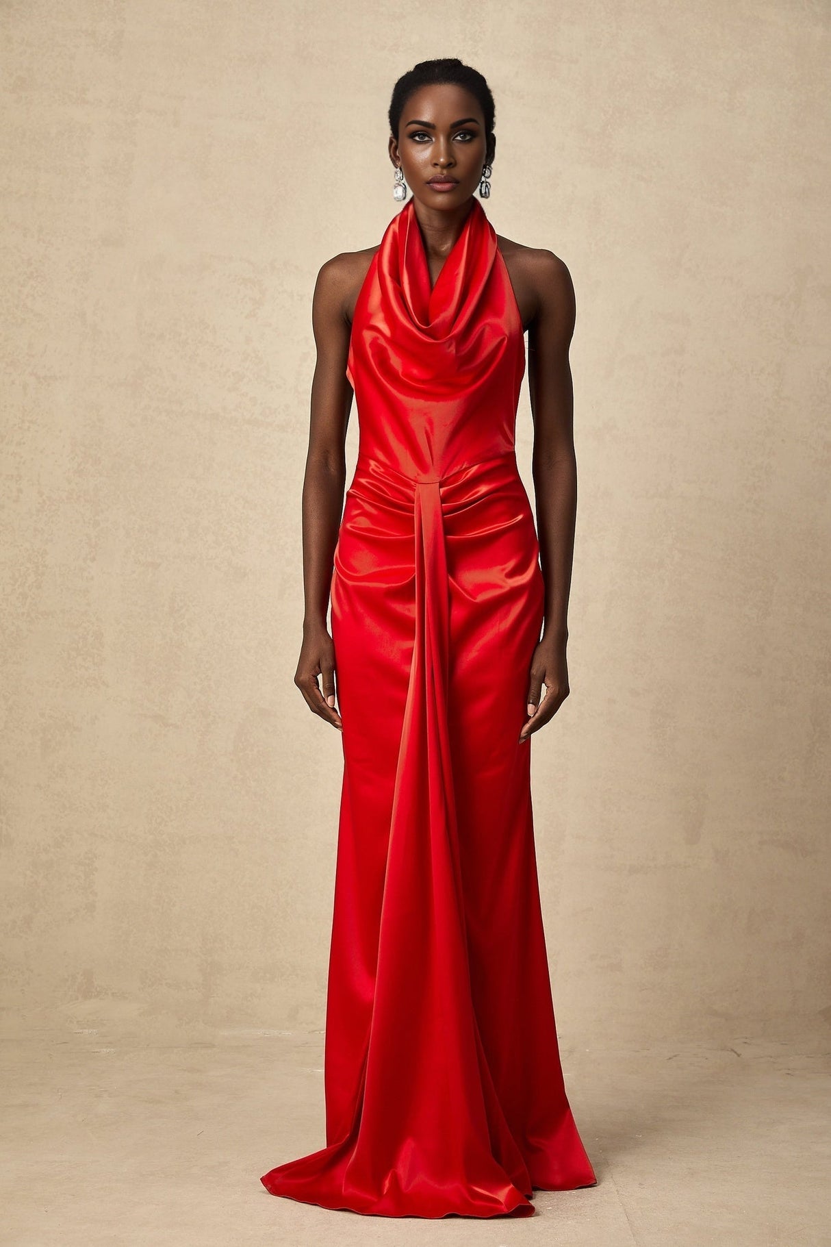 Faith Maxi Dress - Halterneck Style - Open Back Detailing - Cinched Waist - Rear Slit Feature