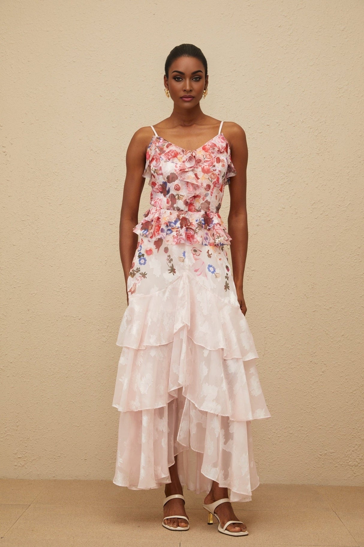 Faith Maxi Dress - Rose Print - Tiered Hem - Sleeveless - Adjustable Straps