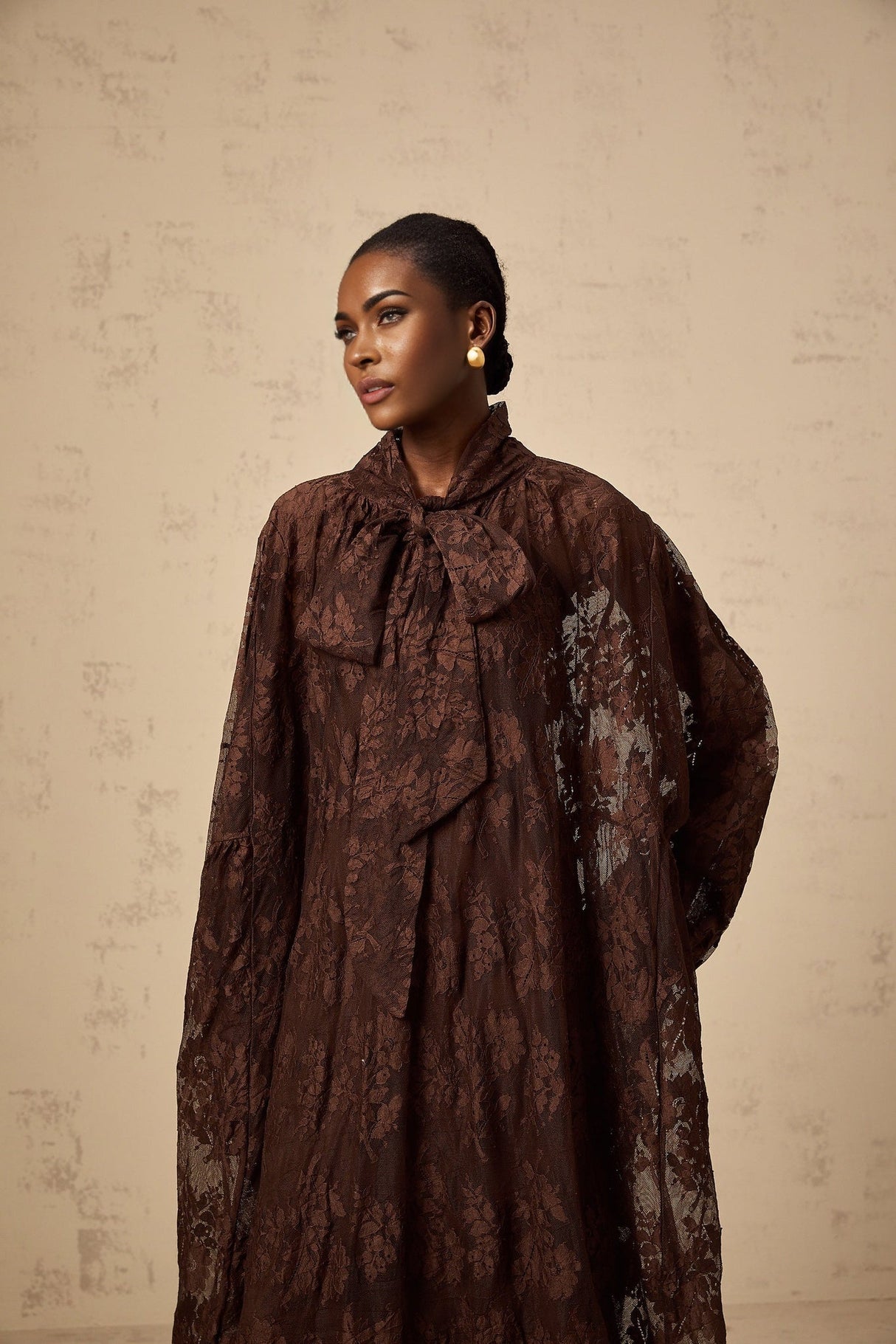 Faith Midi Dress - Long Sleeves - Chantilly Lace - Self - Tie Design - Asymmetric Hemline