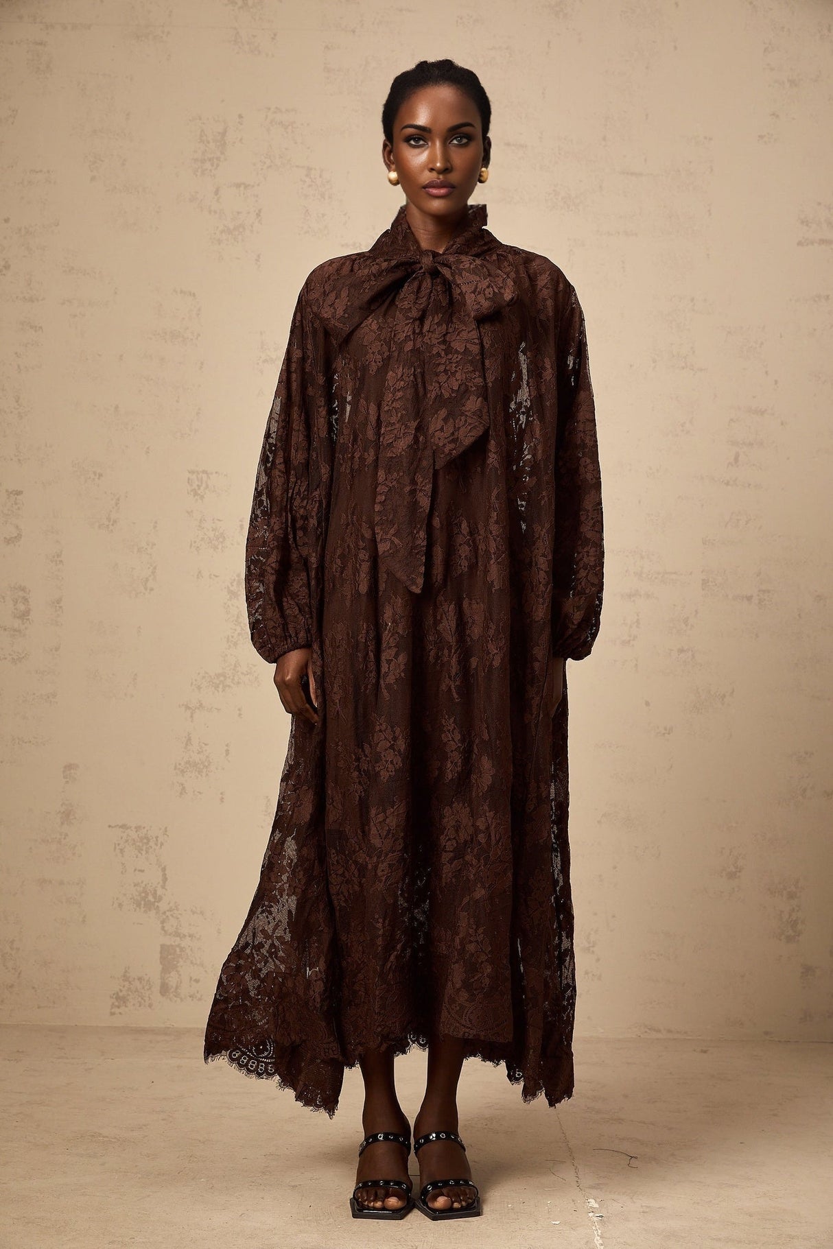 Faith Midi Dress - Long Sleeves - Chantilly Lace - Self - Tie Design - Asymmetric Hemline