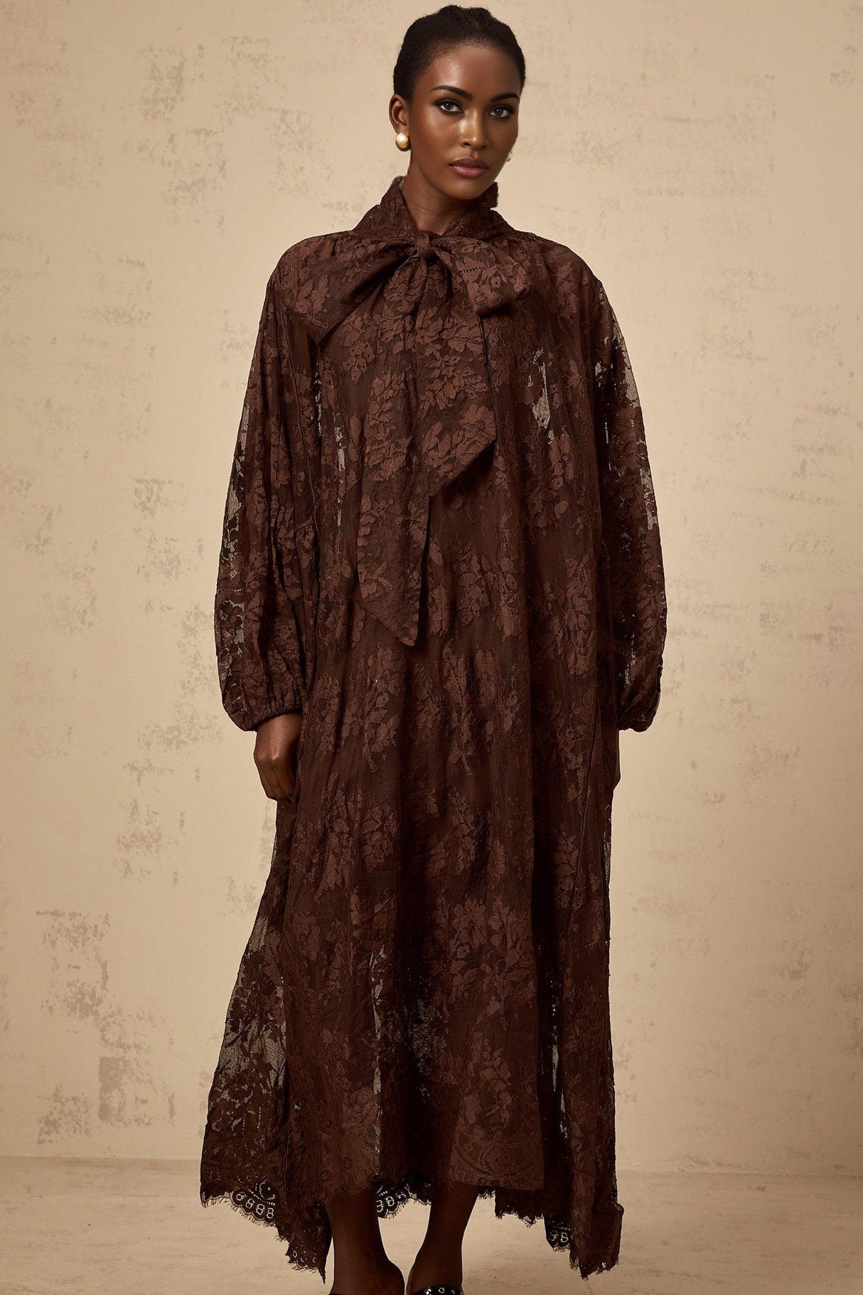 Faith Midi Dress - Long Sleeves - Chantilly Lace - Self - Tie Design - Asymmetric Hemline