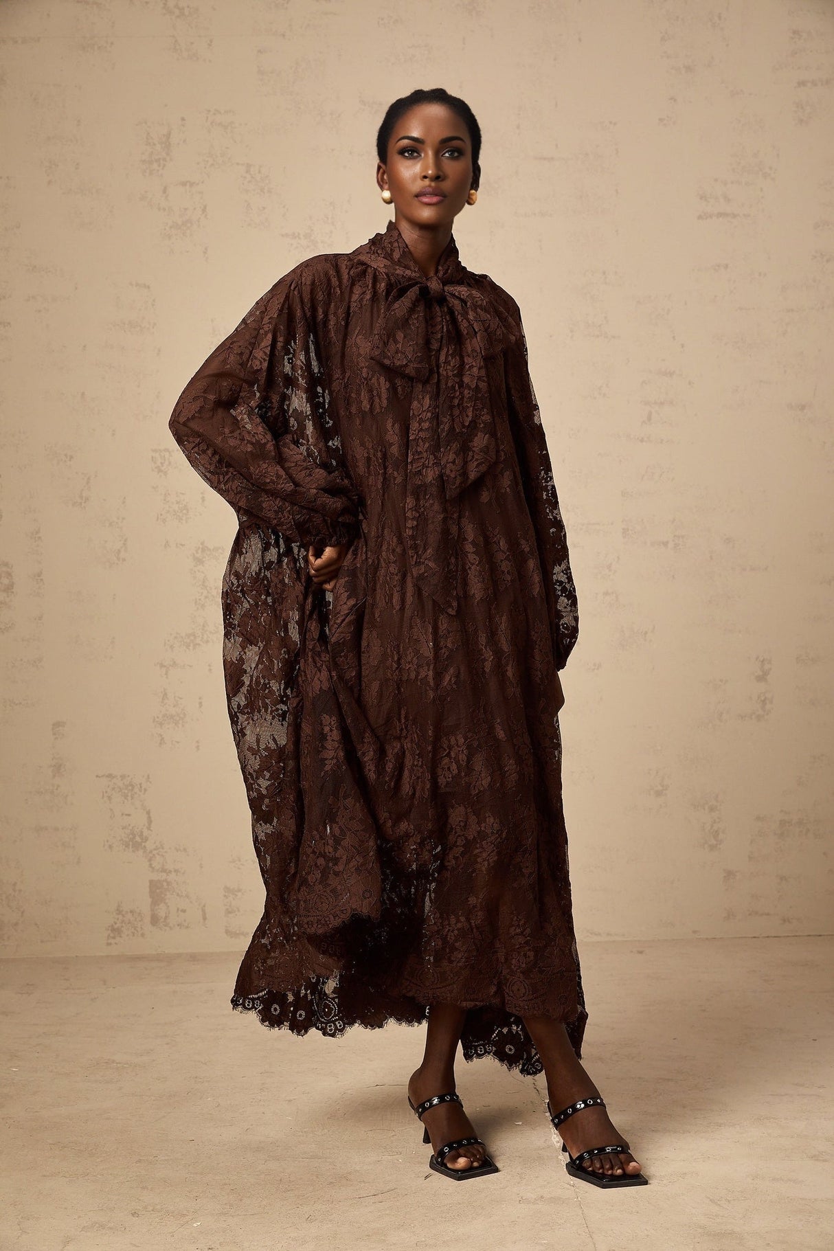 Faith Midi Dress - Long Sleeves - Chantilly Lace - Self - Tie Design - Asymmetric Hemline