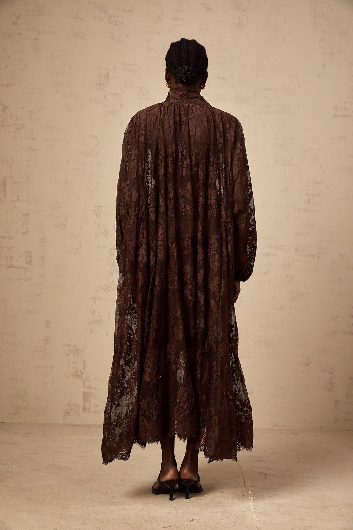 Faith Midi Dress - Long Sleeves - Chantilly Lace - Self - Tie Design - Asymmetric Hemline