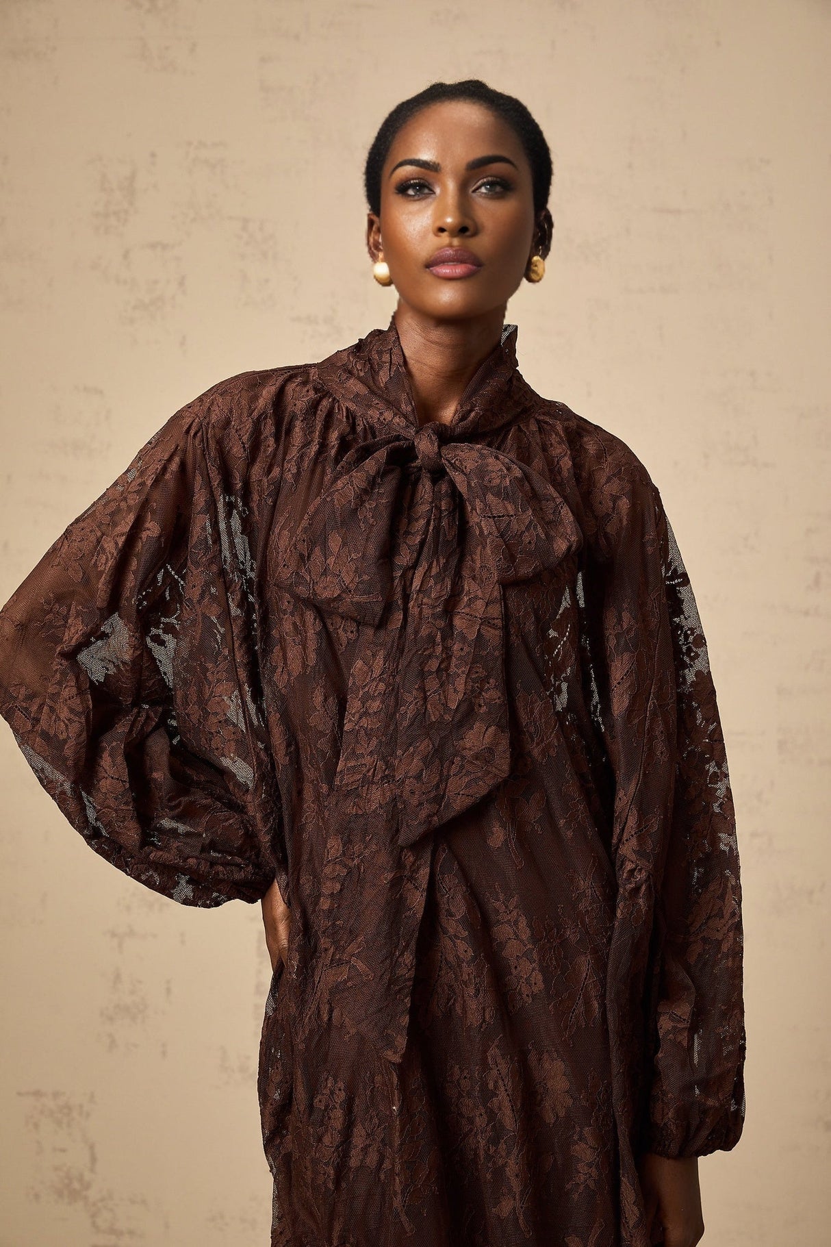 Faith Midi Dress - Long Sleeves - Chantilly Lace - Self - Tie Design - Asymmetric Hemline