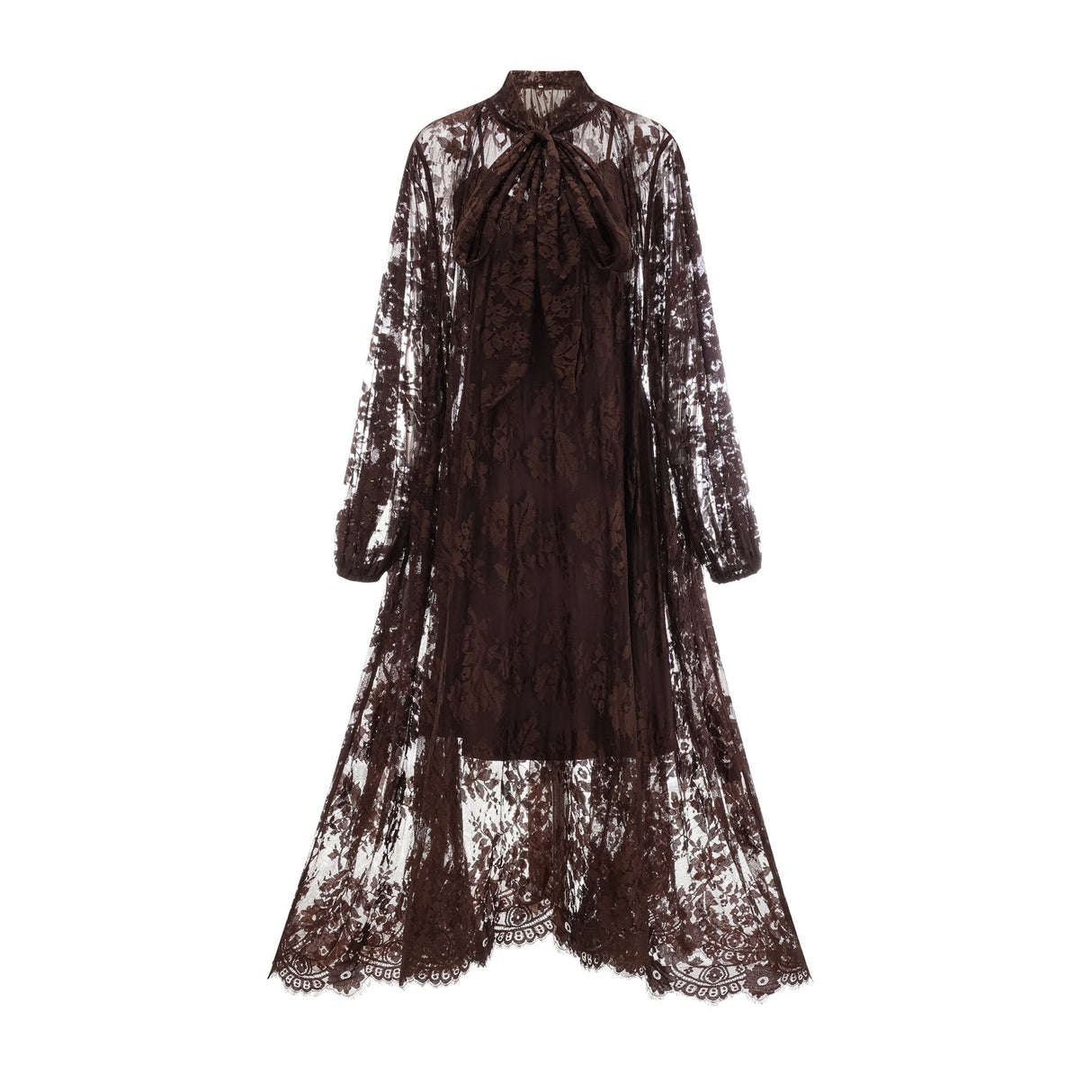 Faith Midi Dress - Long Sleeves - Chantilly Lace - Self - Tie Design - Asymmetric Hemline