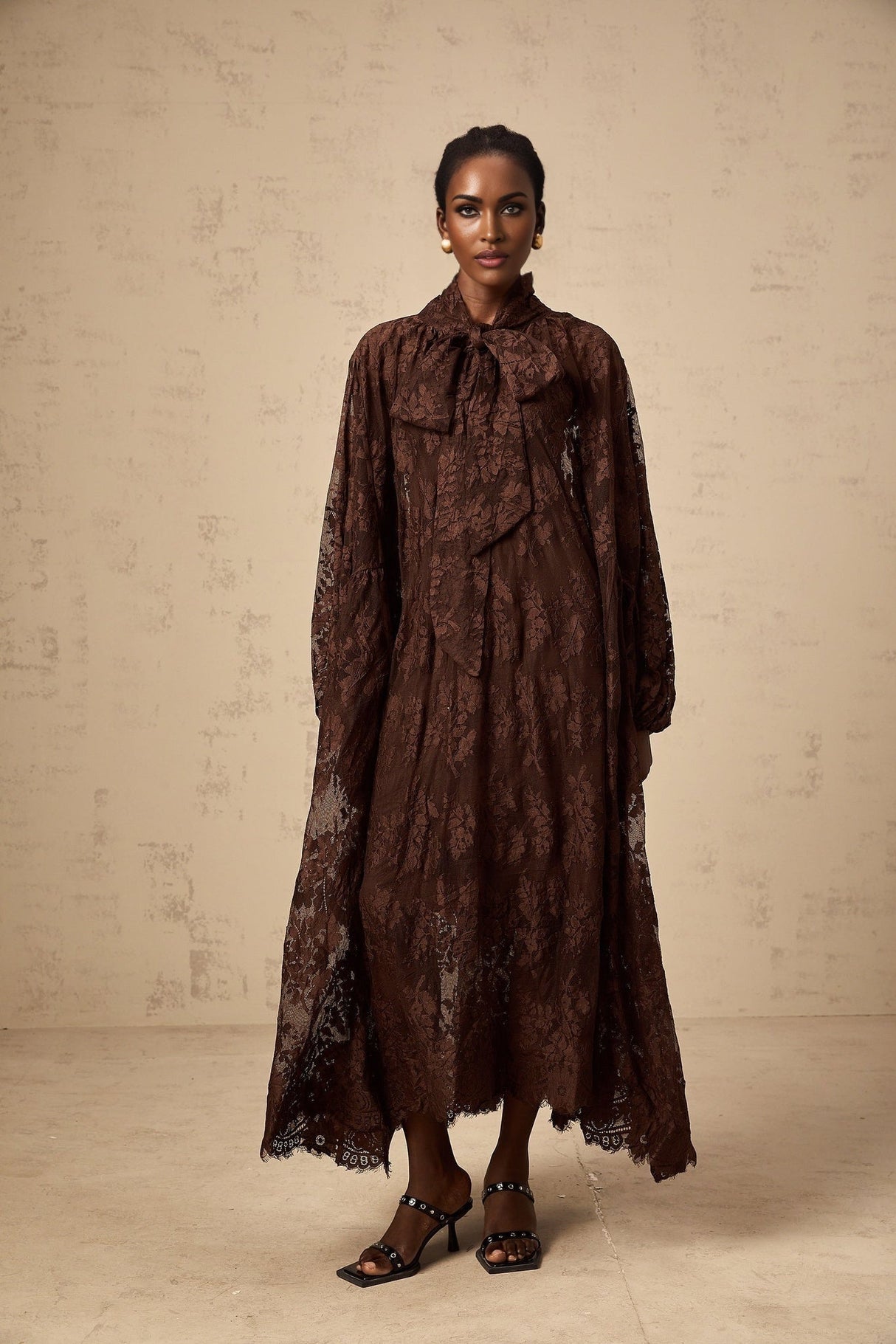 Faith Midi Dress - Long Sleeves - Chantilly Lace - Self - Tie Design - Asymmetric Hemline